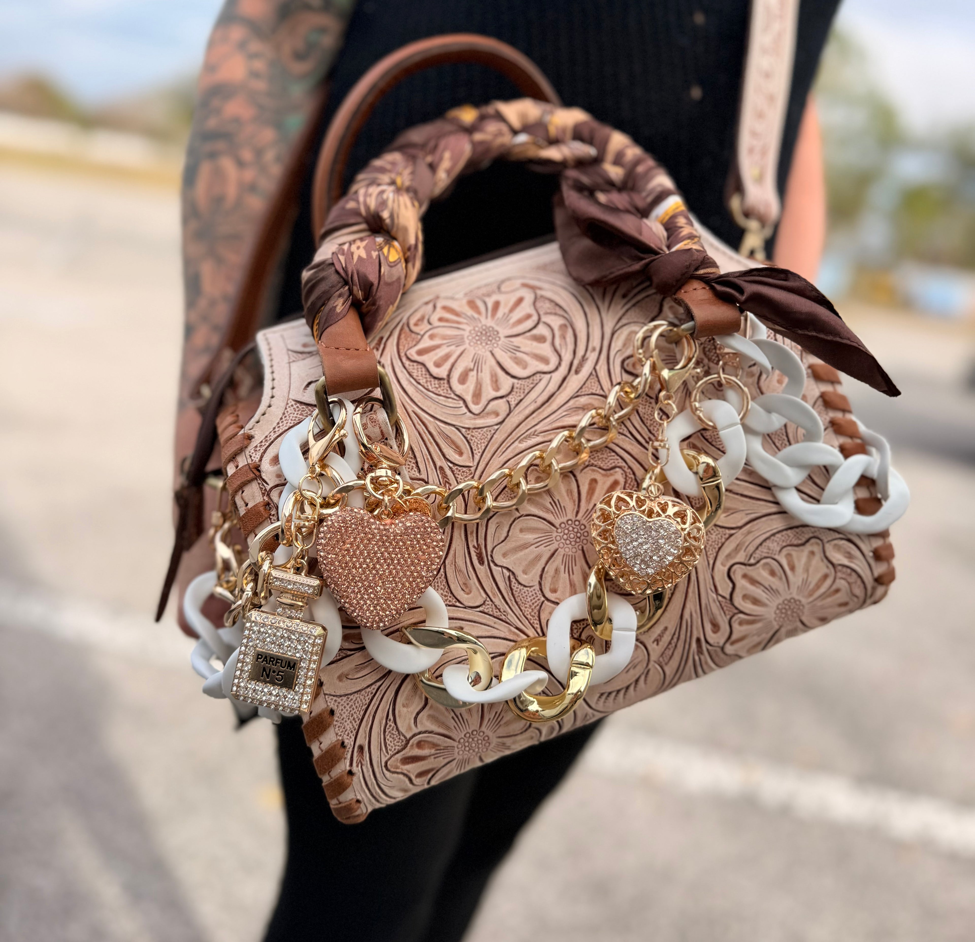 “ The Golden Cowgirl”- white/cream tooled leather speedy (M)