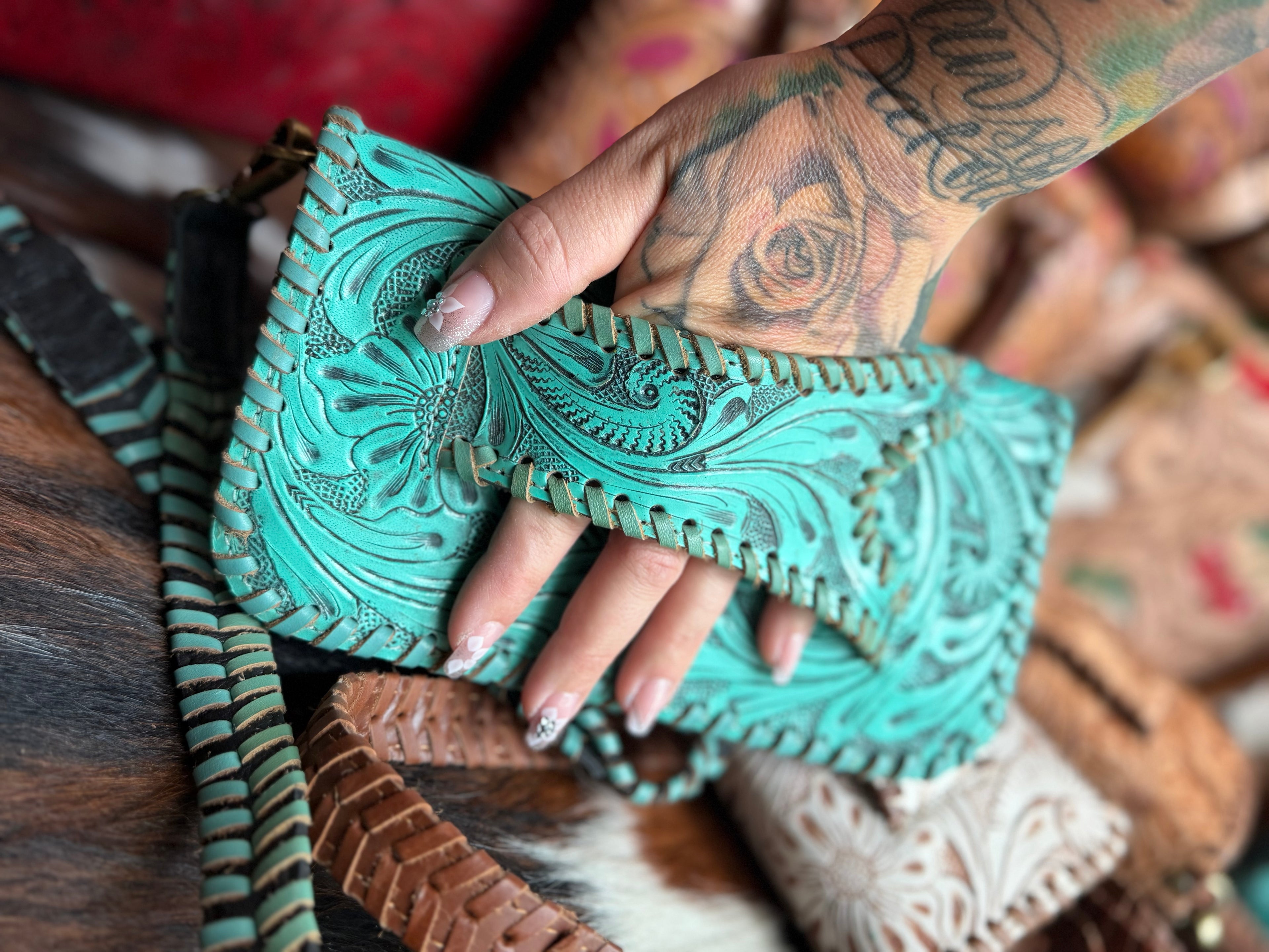 Double wallet Tooled leather clutch purse