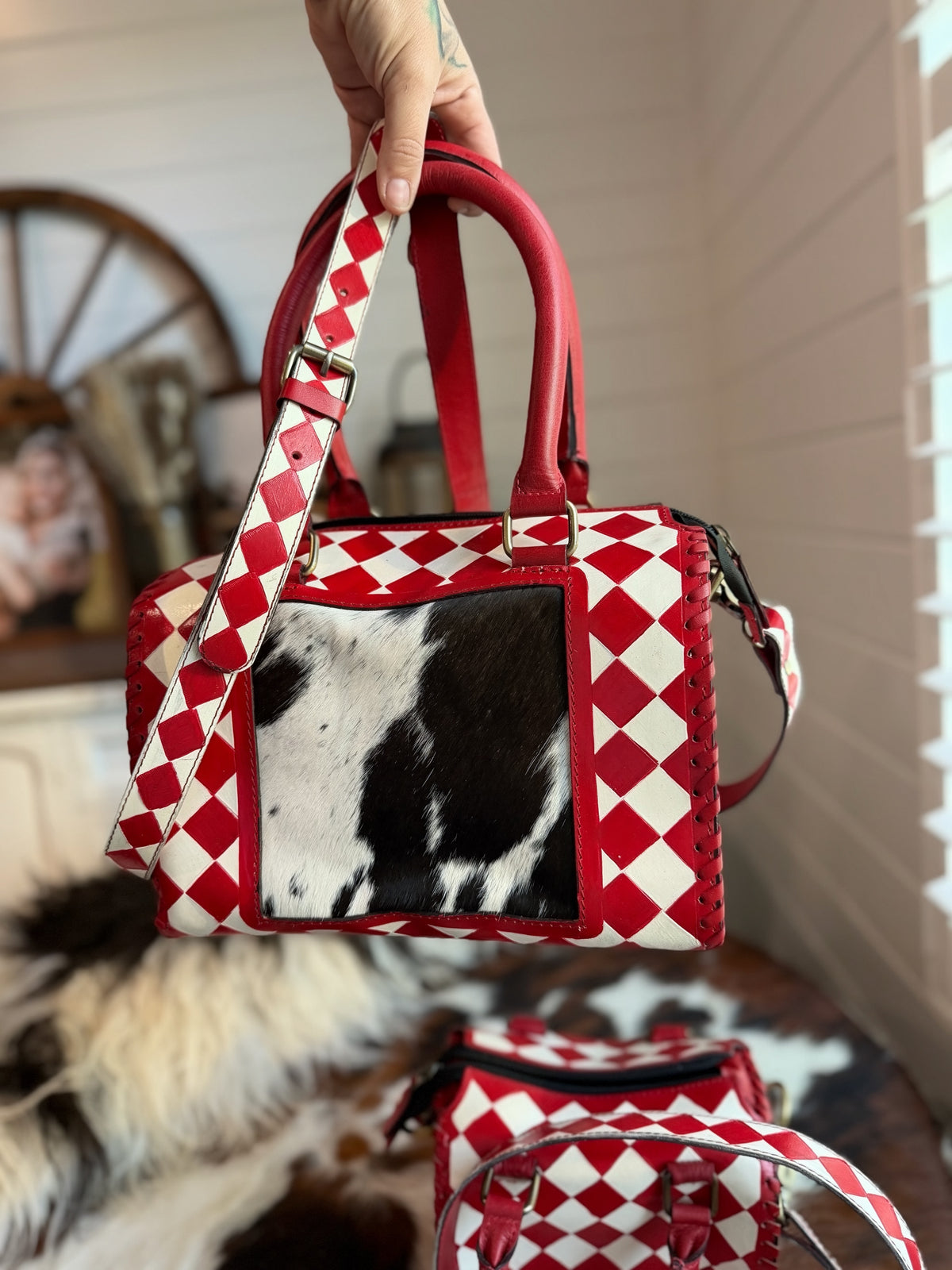 Red/white checker tooled leather / Cowhide -  speedy ( 2 sizes avail )