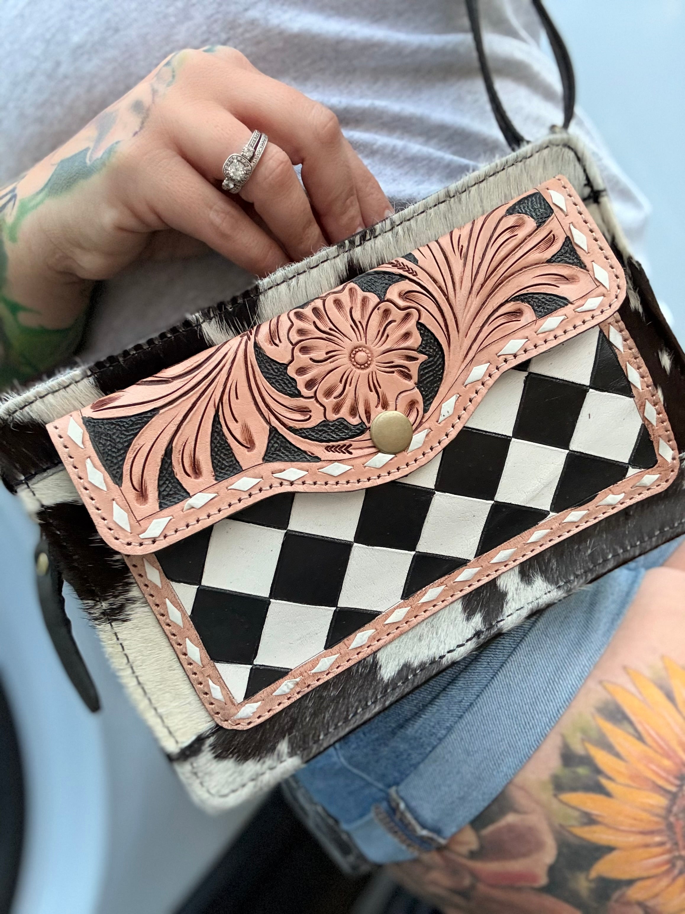 Checker print cross body