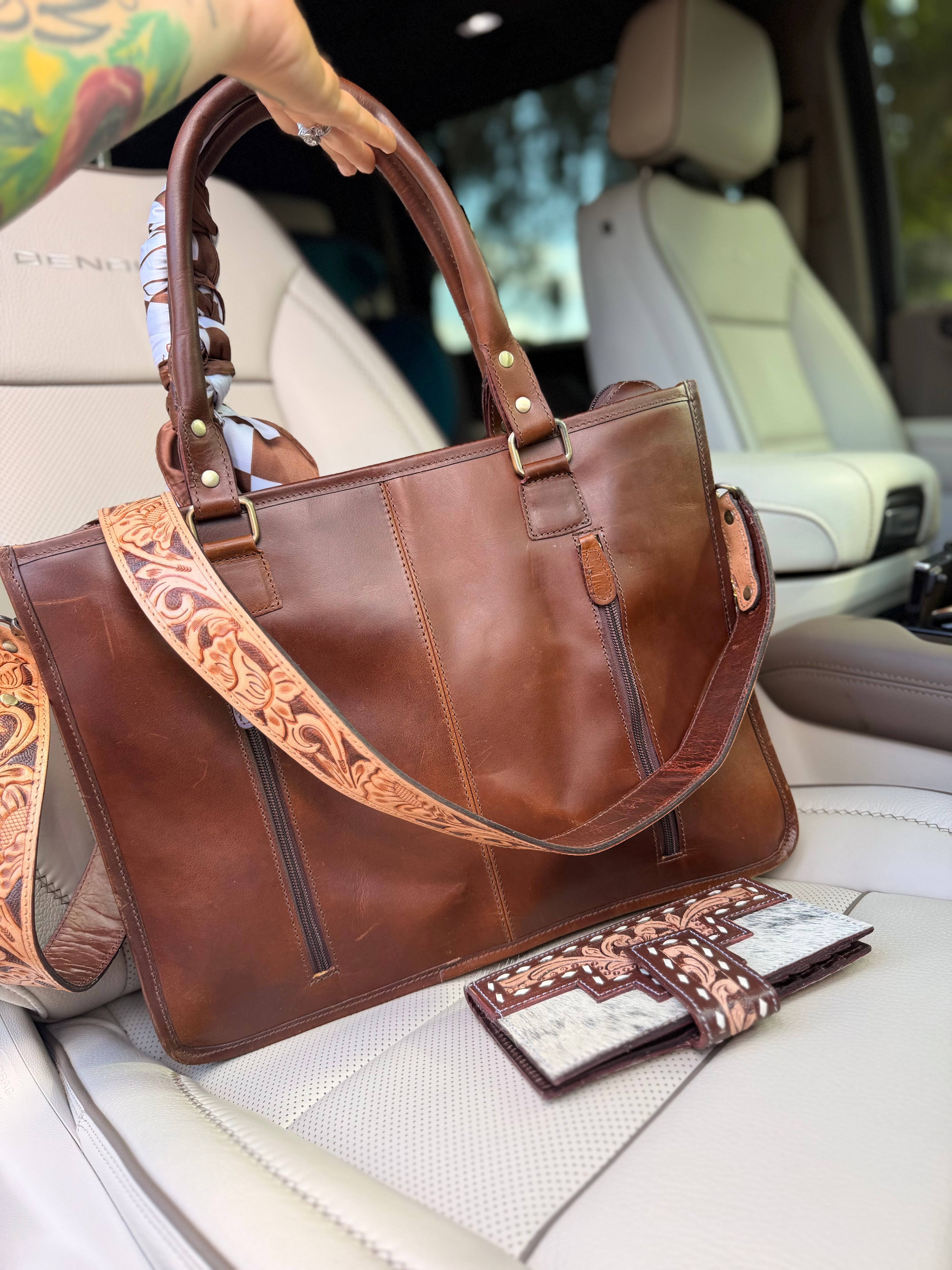 "Sassy Cowgirl" Dressed cowhide and brown tooled leather tote bag/ wallet combo