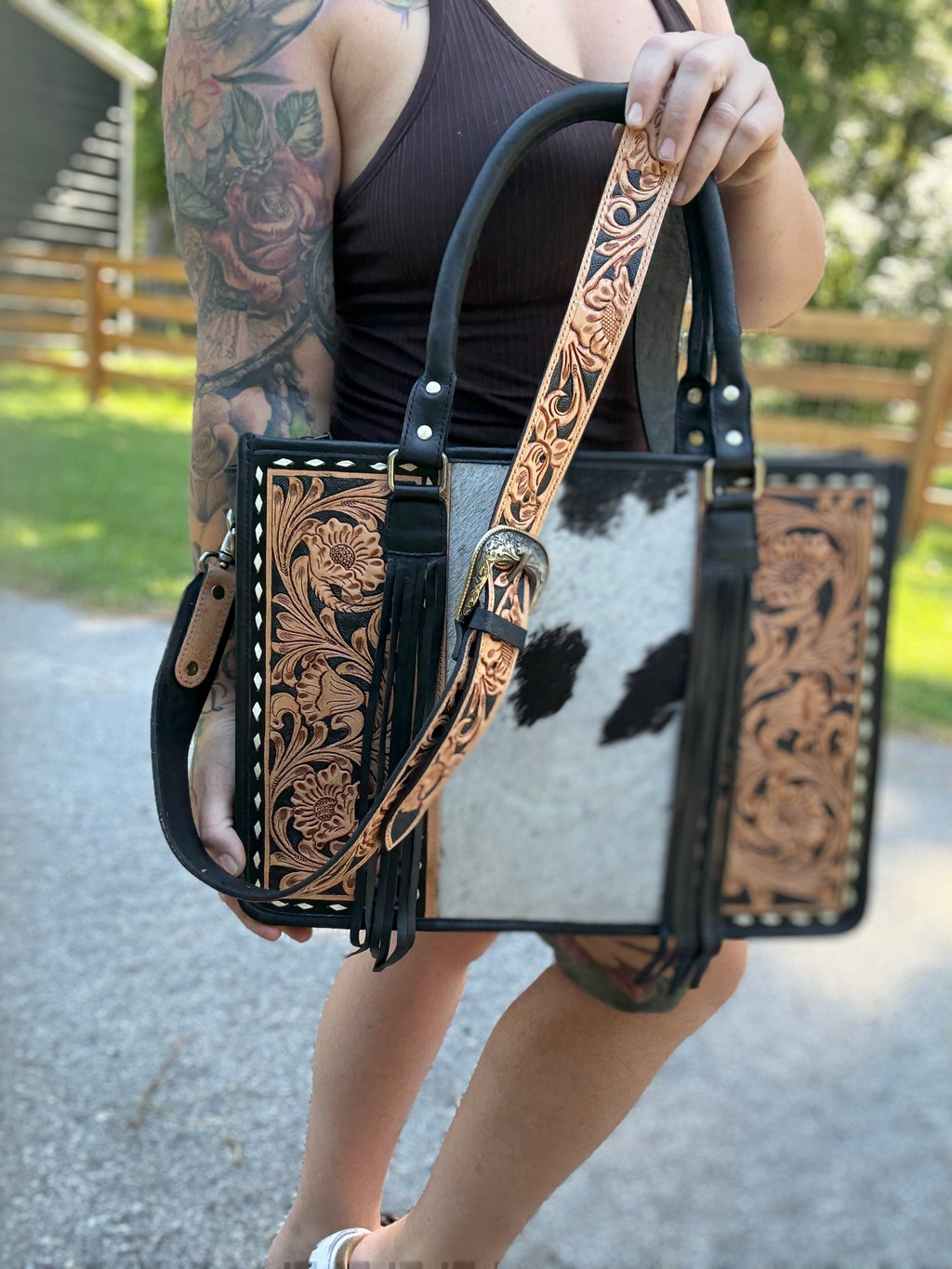 Tooled learher tote bag with fringe - dark