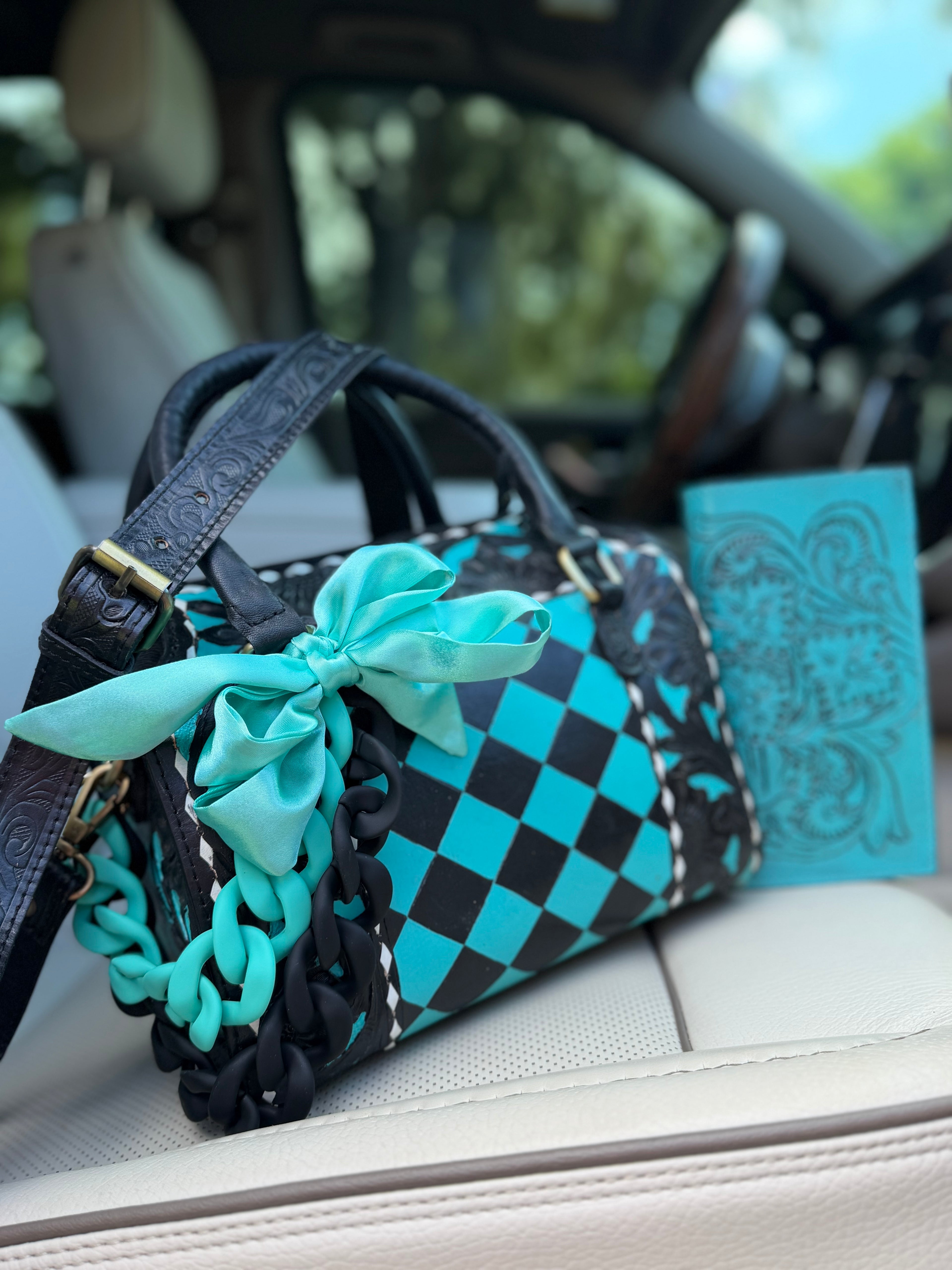 Electric teal/black checker tooled leather speedy (M) and wallet