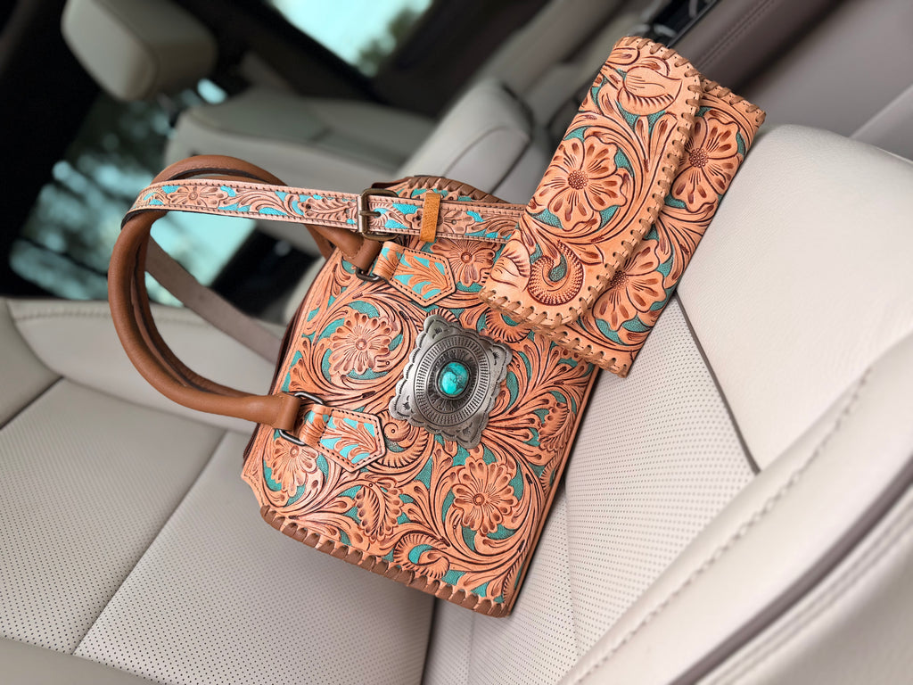 “Paradise Cowgirl set”- teal and tan  tooled leather speedy (M) and wallet