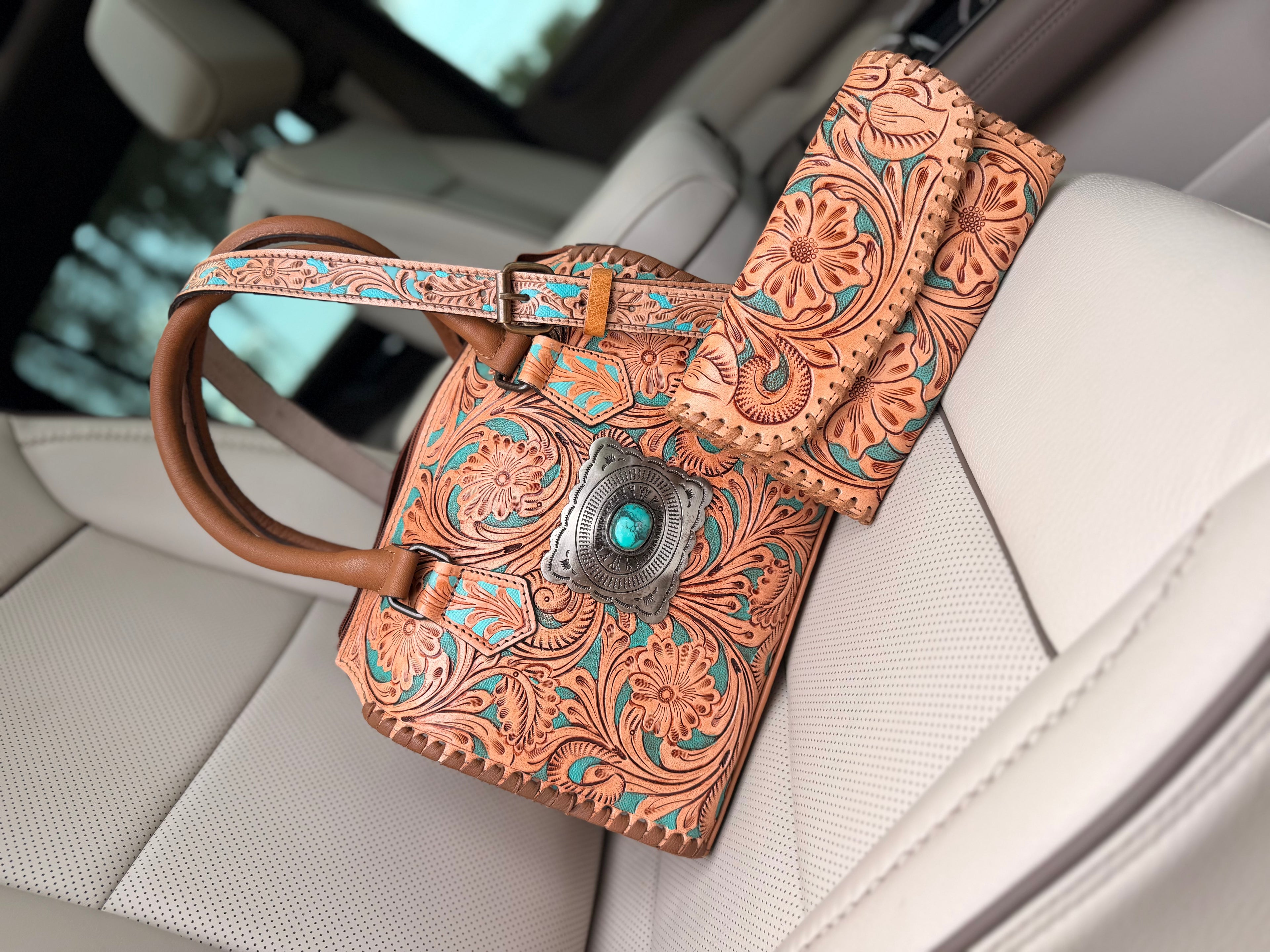 “Paradise Cowgirl set”- teal and tan  tooled leather speedy (M) and wallet