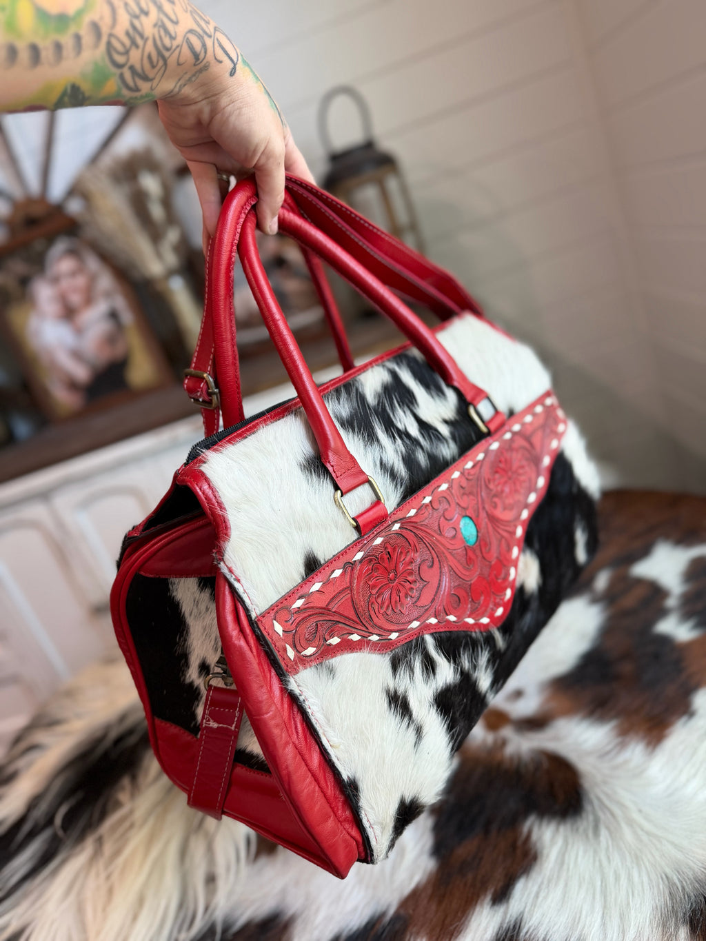 Red tooled leather / Cowhide speedy duffle (L)