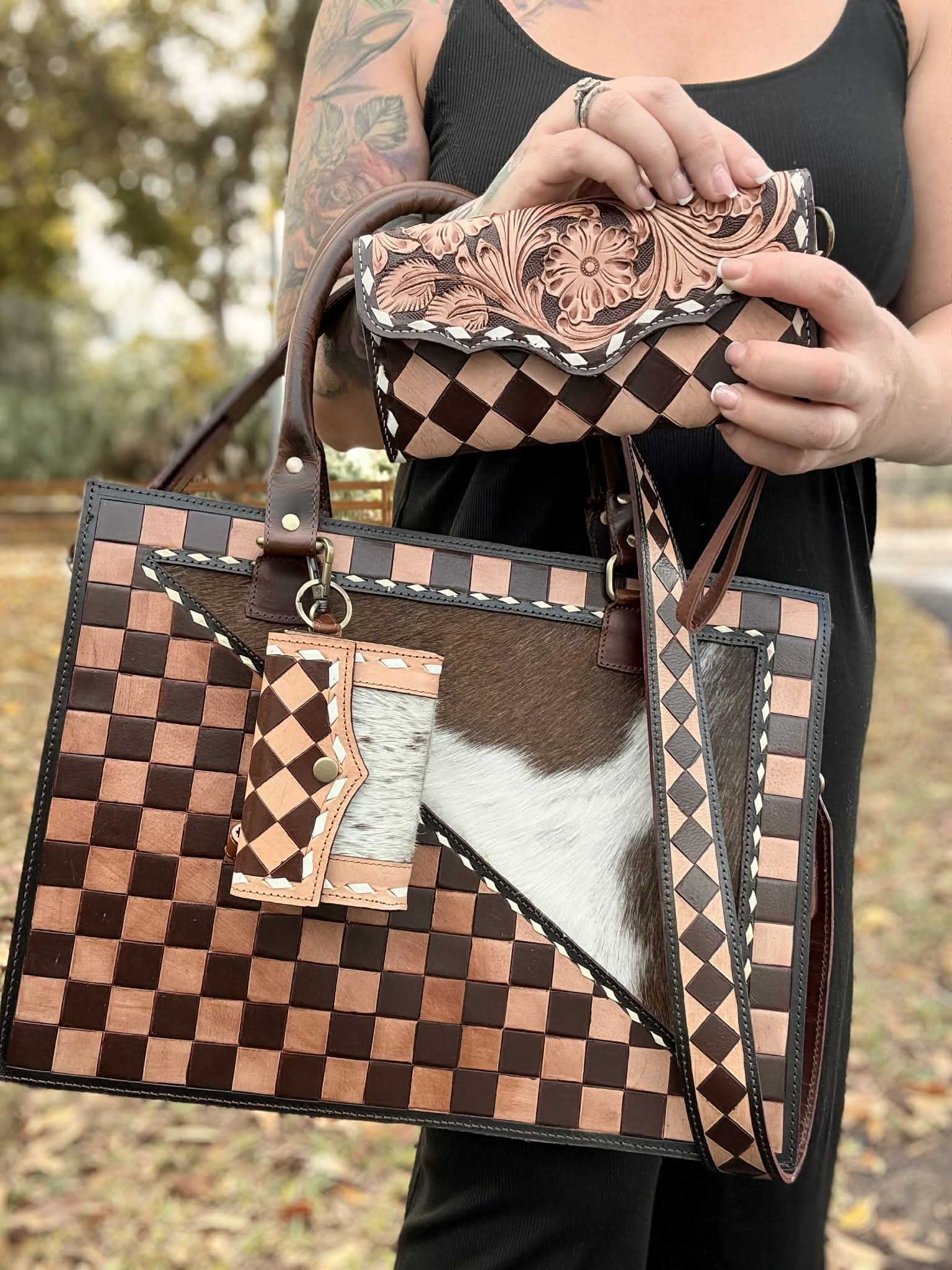 Cowhide / Brown and tan checkered tote