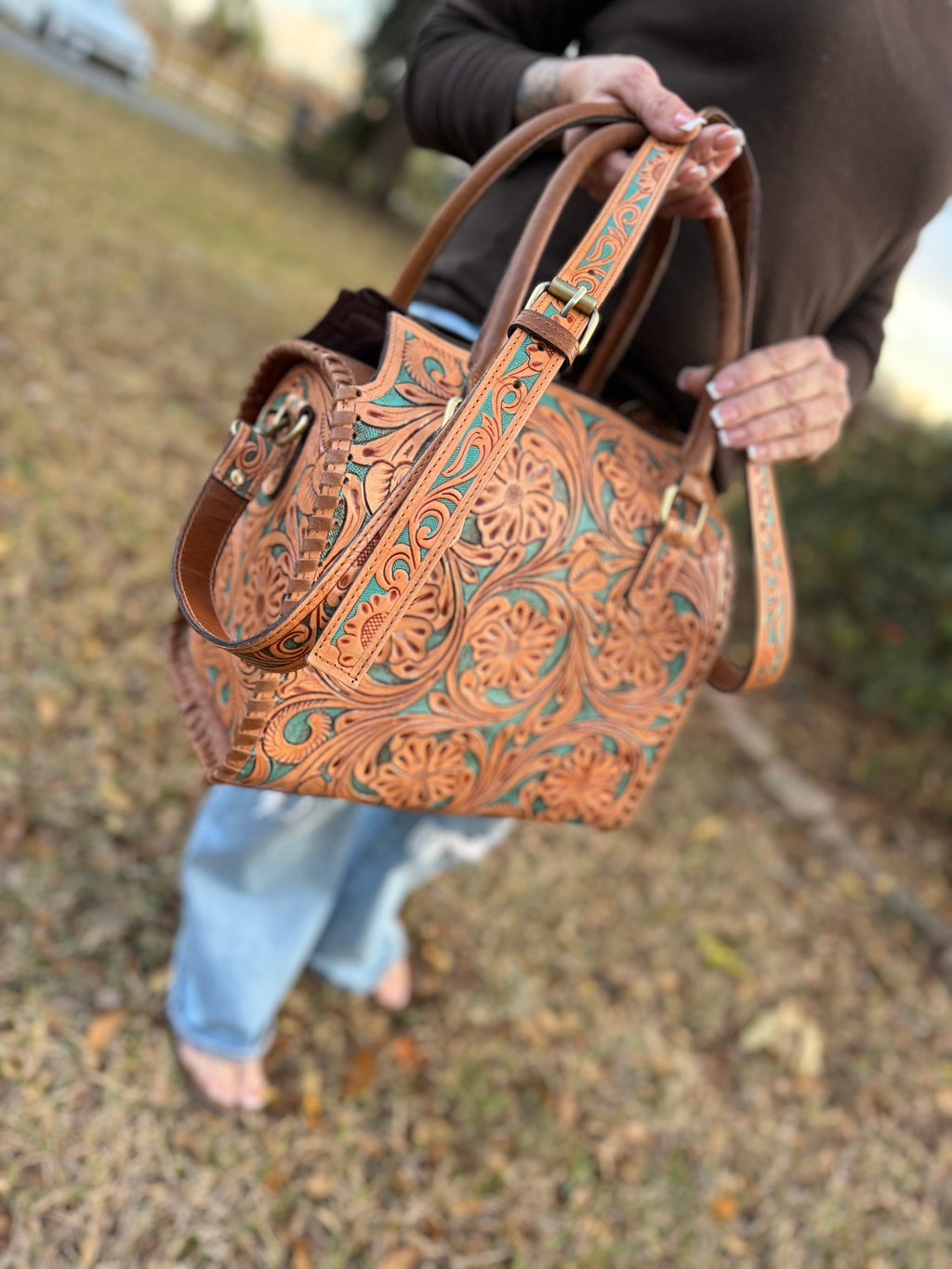 Brown/turquoise tooled leather speedy (L)
