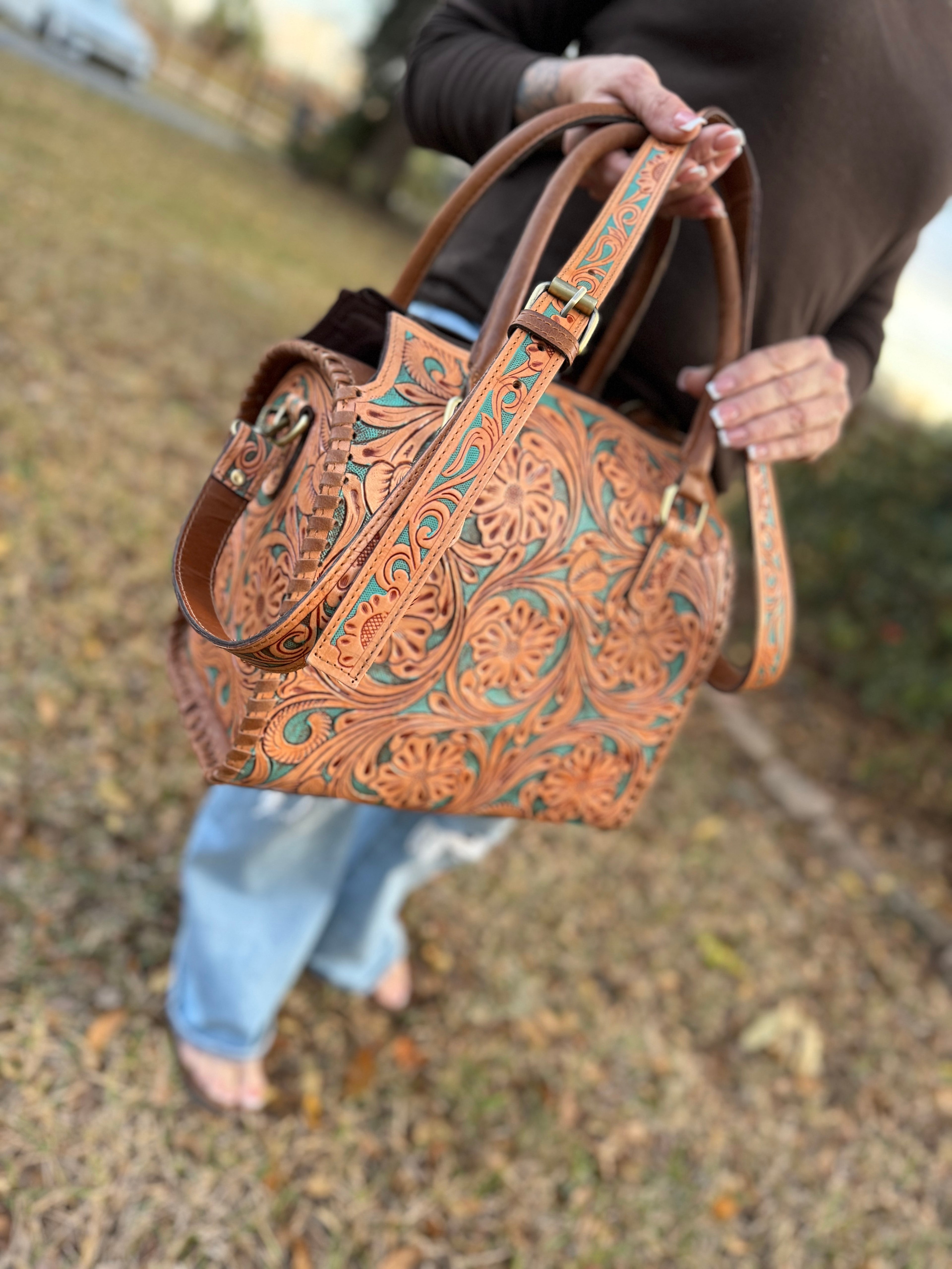 Brown/turquoise tooled leather speedy (L)