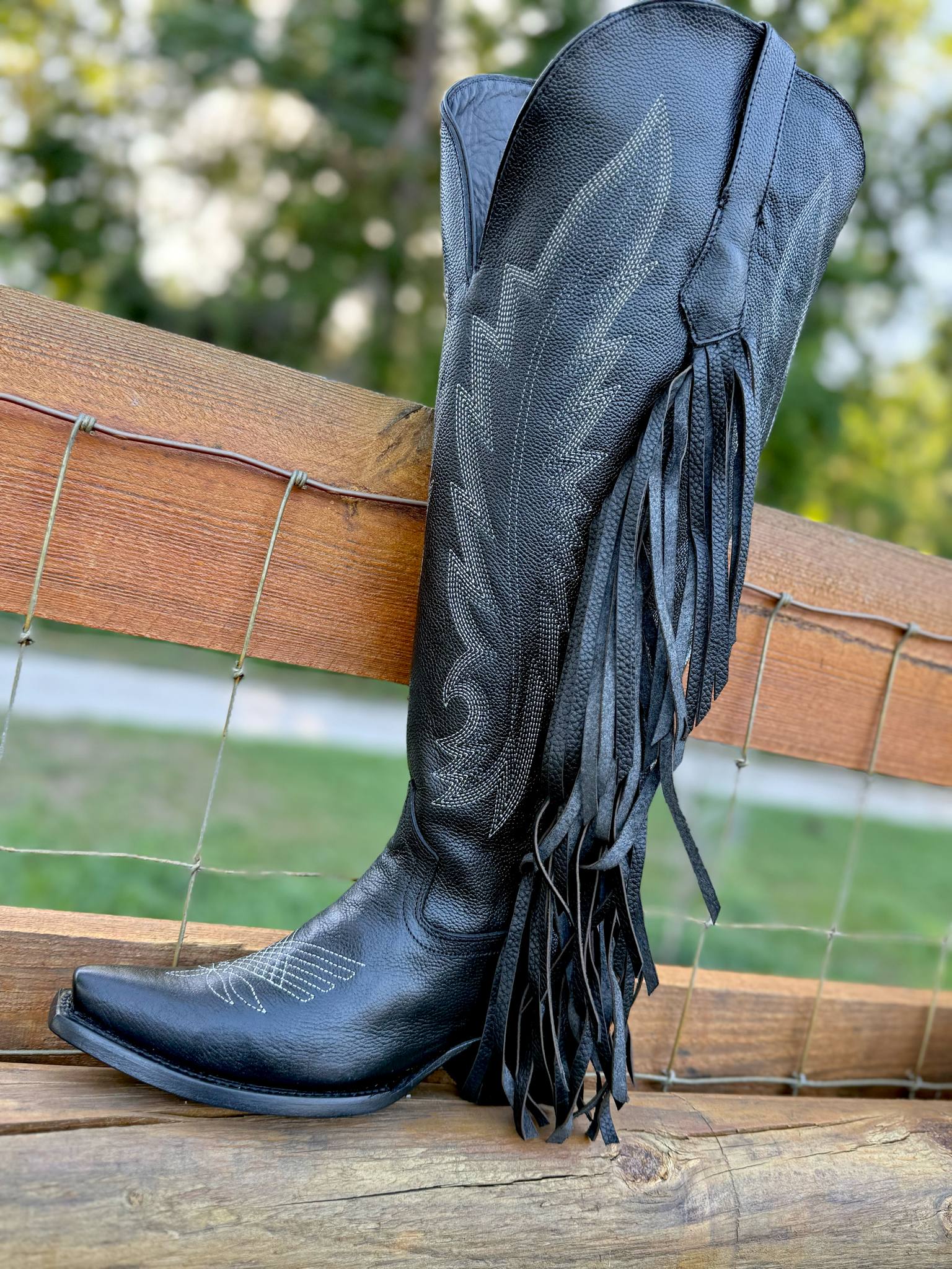 Black Tall Fringe Wide Calf Friendly Snip Toe Cowgirl Boot - White