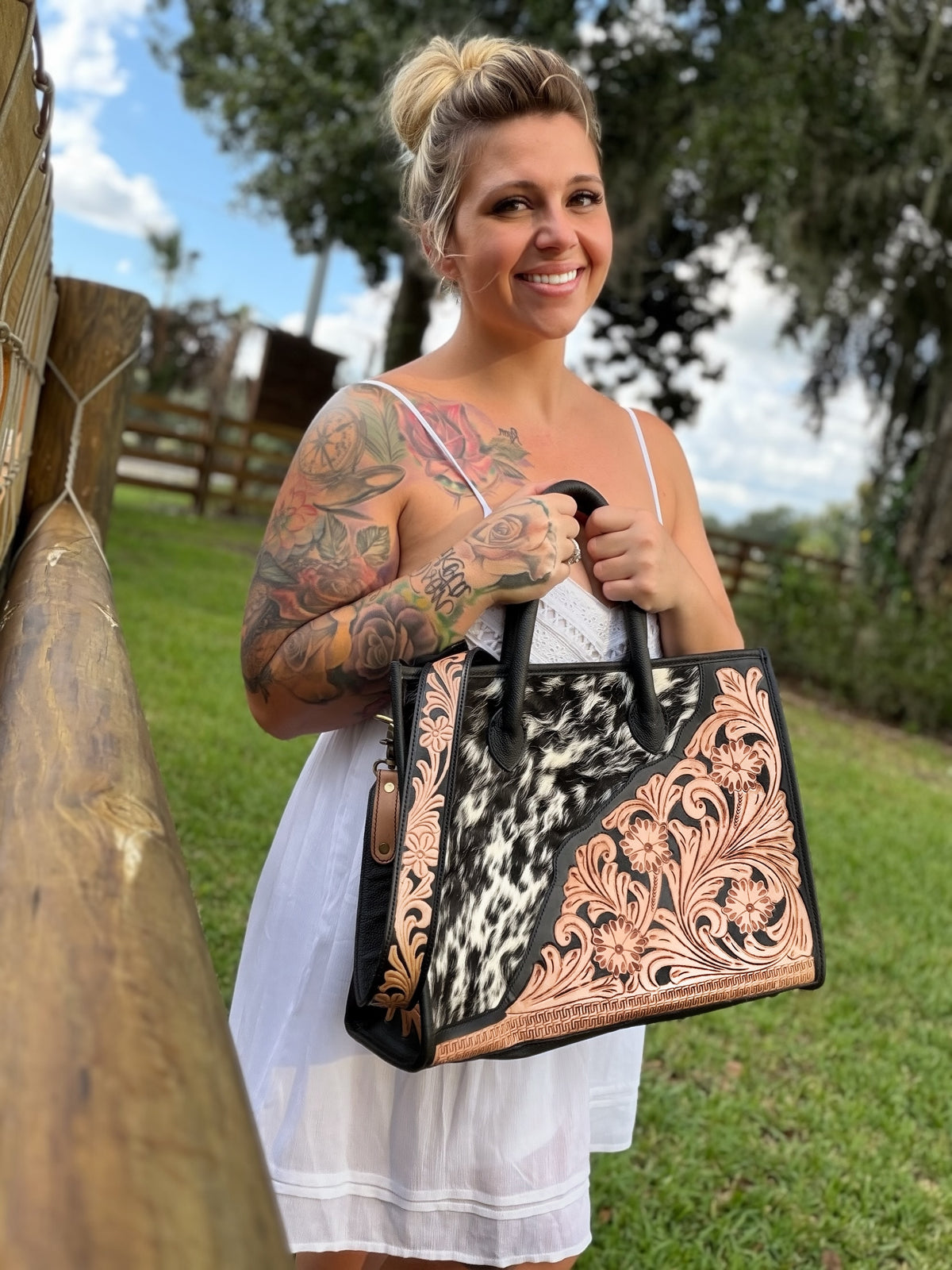 Tooled crossbody / cowhide tote bag