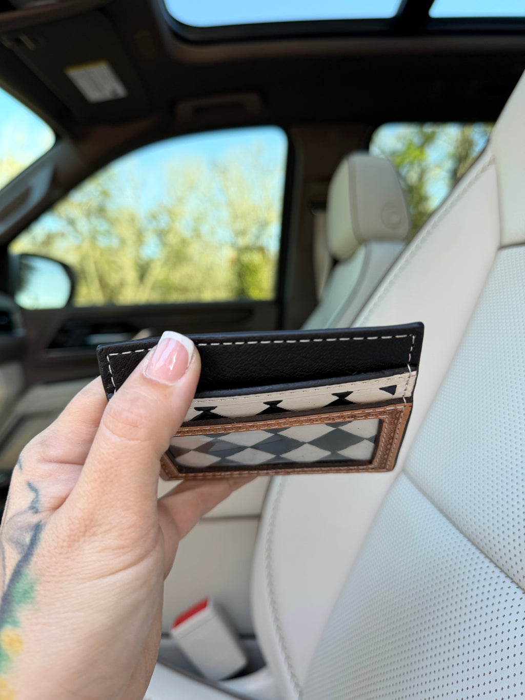 Tooled checker print leather checker card holder
