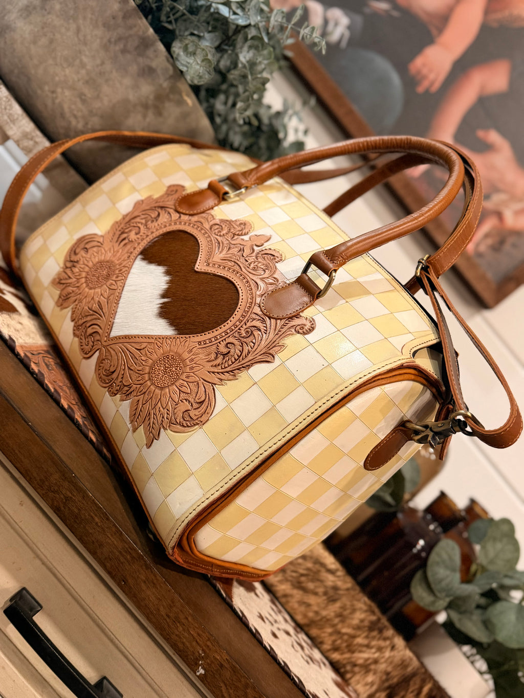 The Honey Mae 🤍🐝 yellow / white checker sunflower tooled leather speedy duffle (L)