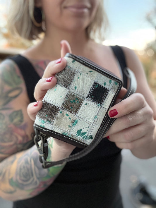 Mini teal checker print BLUE acid wash cowhide wallet