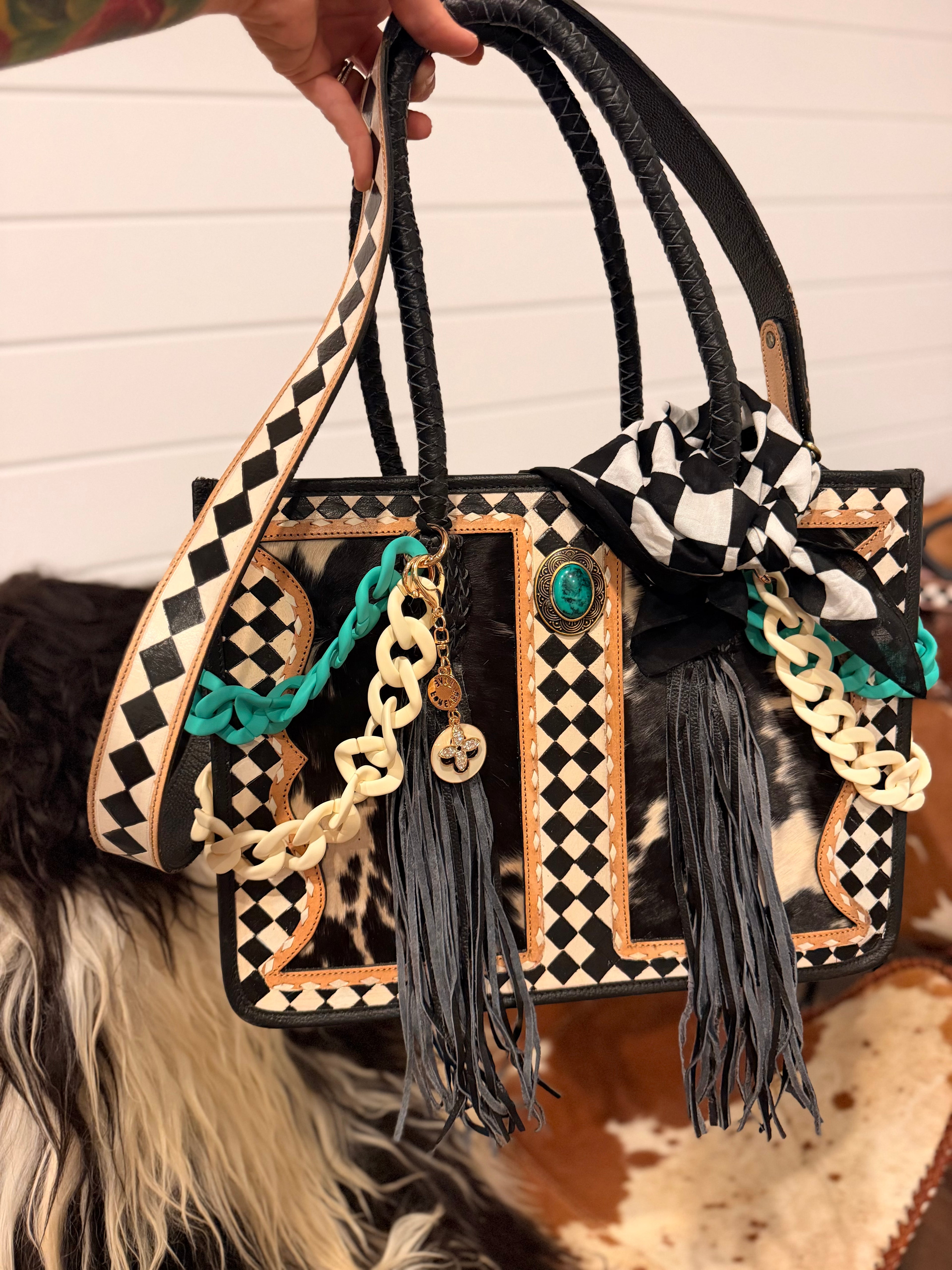 "Queens End Game" - checker/tooled leather tote(bag only)