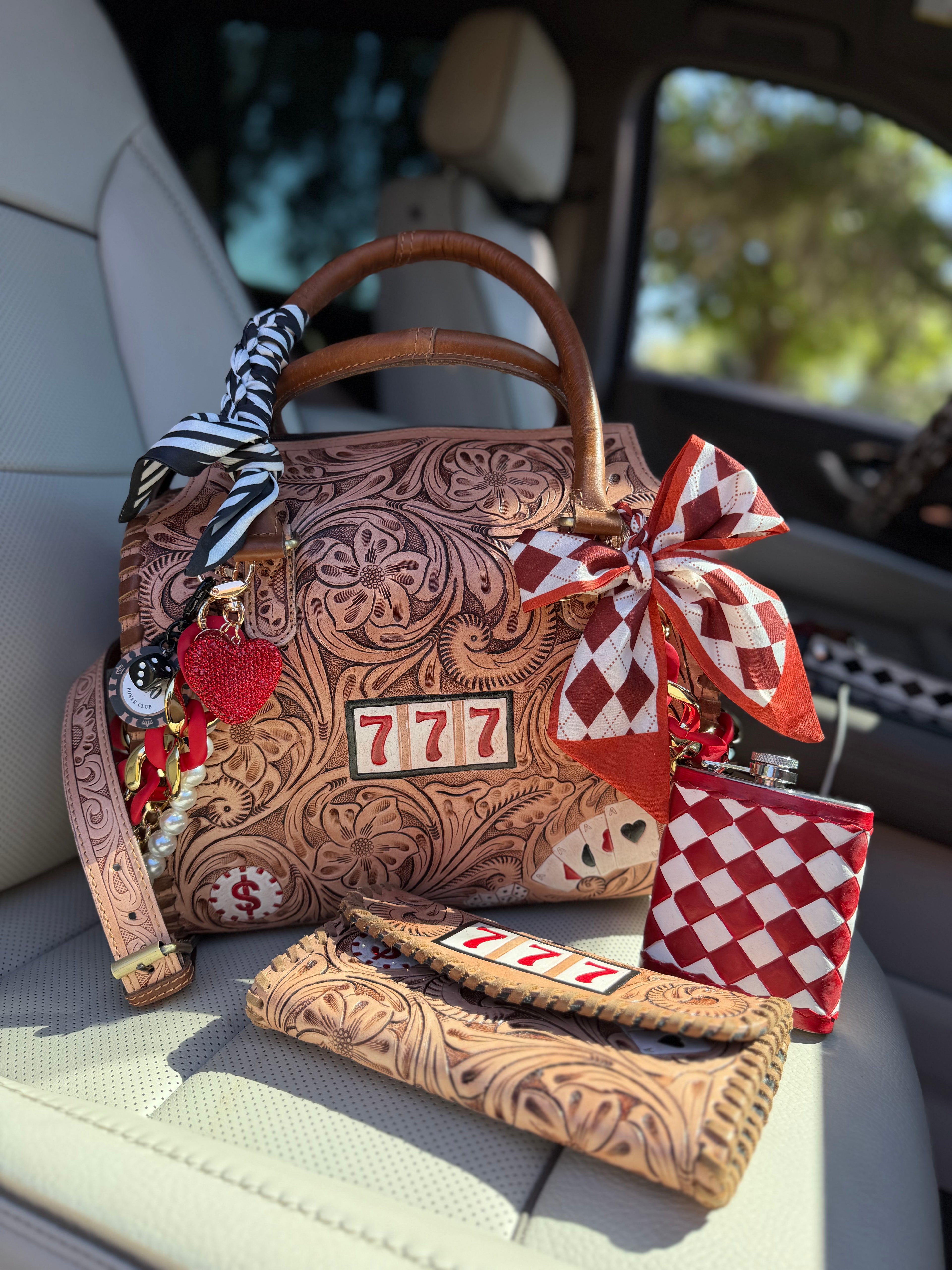 “ Lucky 7s” Brown tooled leather speedy (L) by the Painted Porches