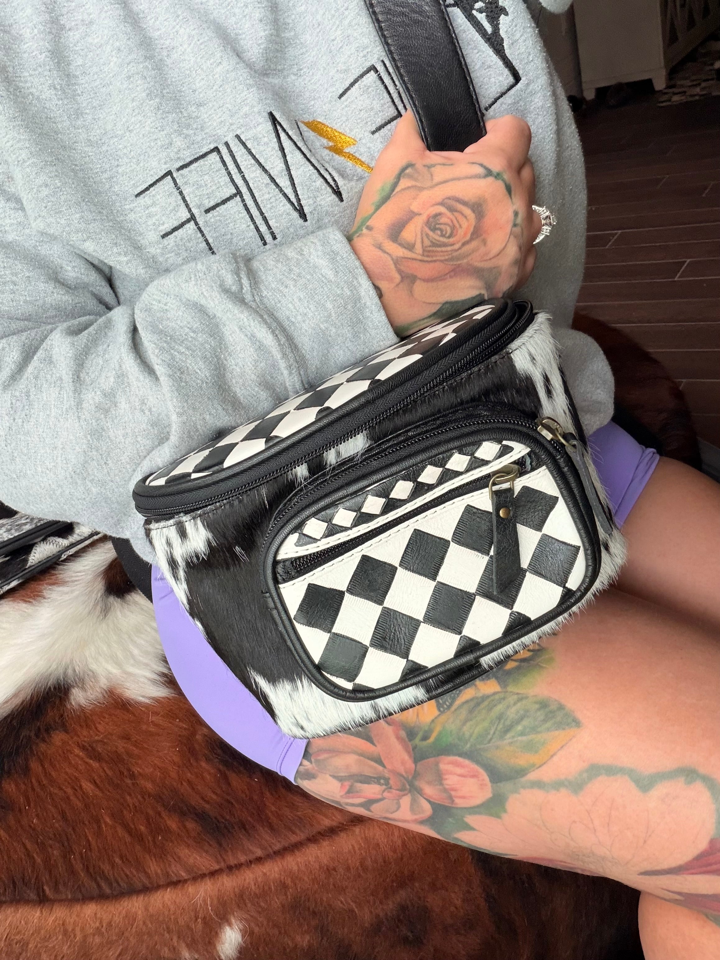 Hand painted checker tooled leather bum bag
