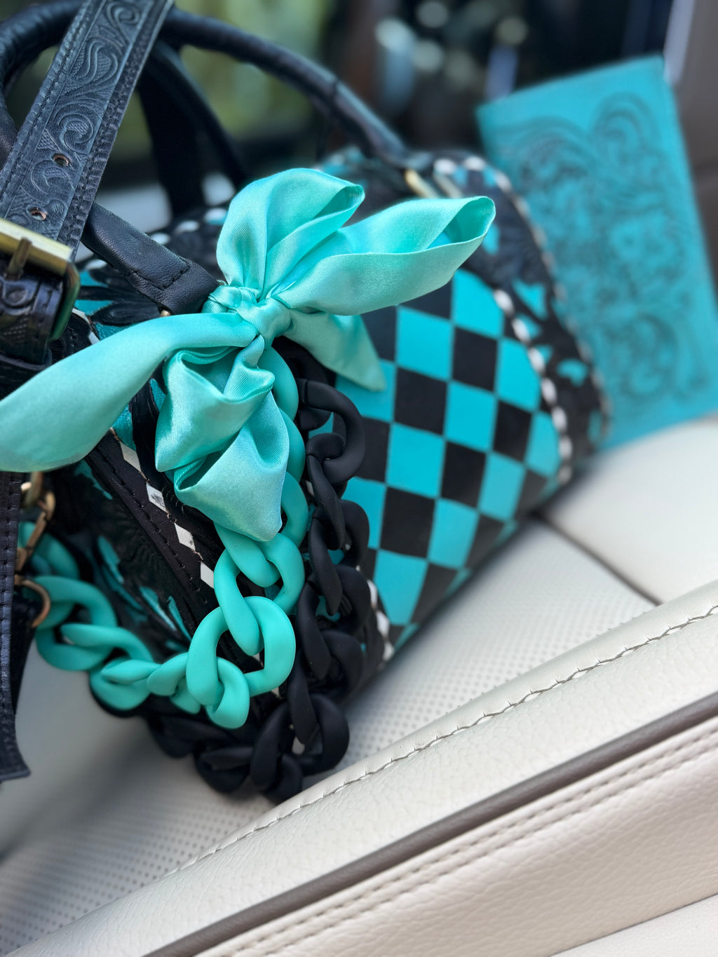 Electric teal/black checker tooled leather speedy (M) and wallet