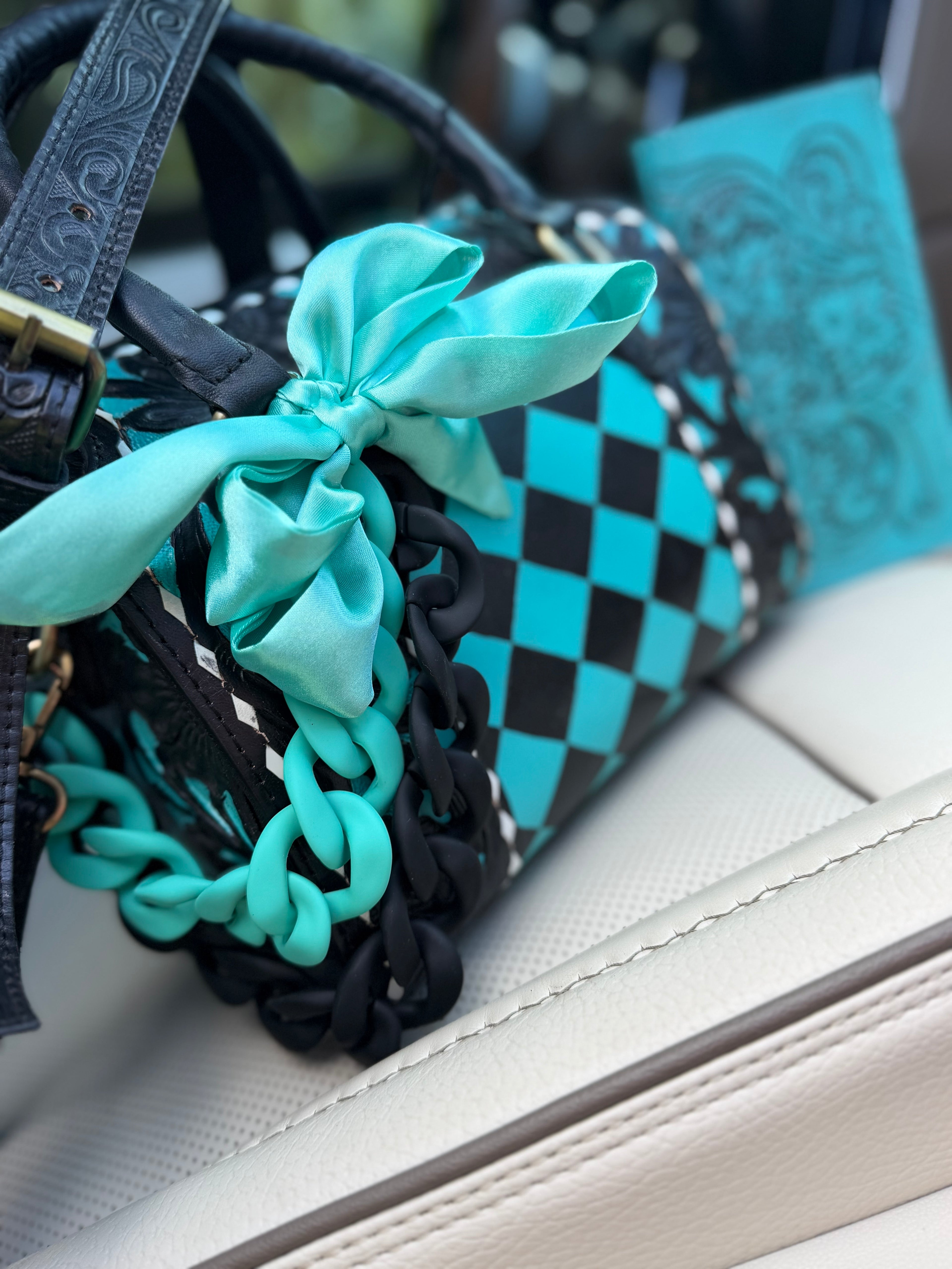 Electric teal/black checker tooled leather speedy (M) and wallet