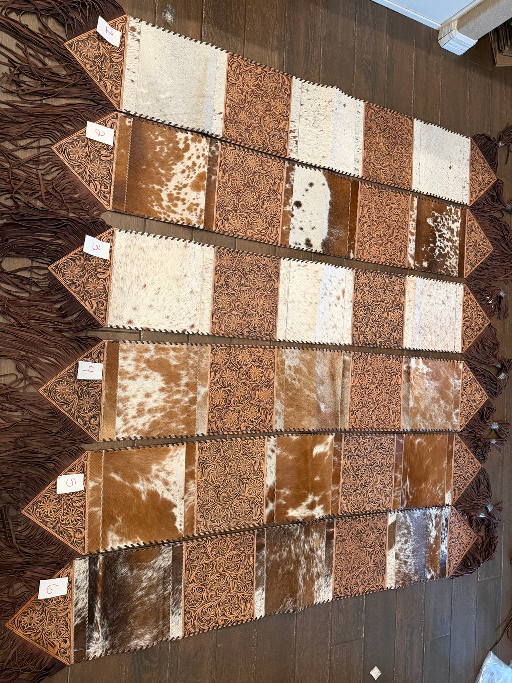 Tooled leather and cowhide Table runner 6ft