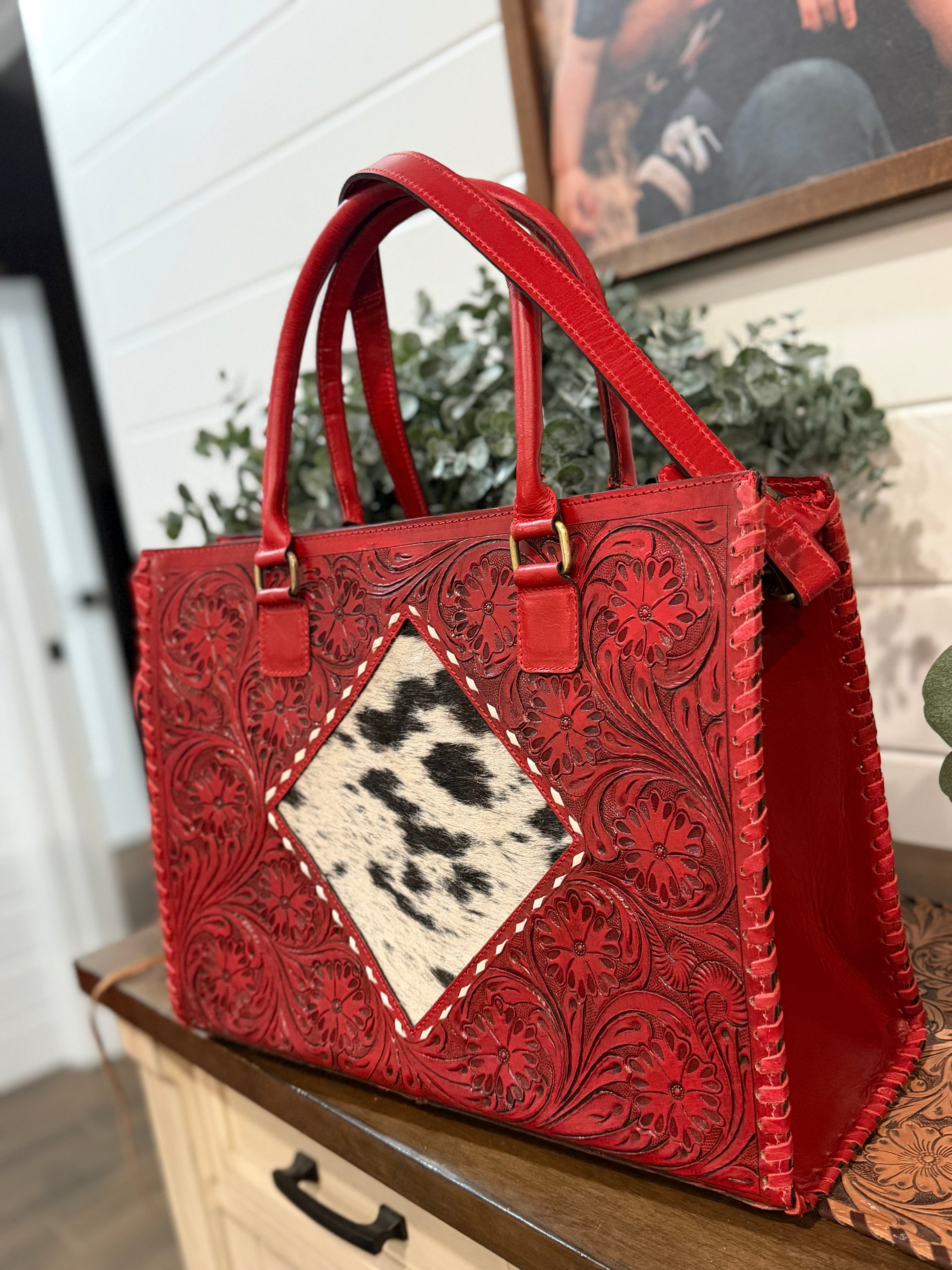 High quality tooled leather tote bag