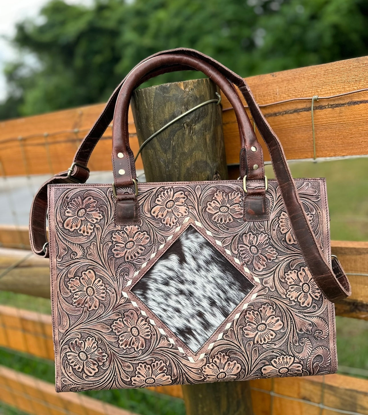 Tooled leather tote bag