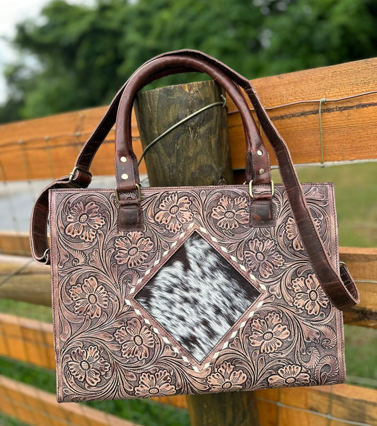 Tooled leather tote bag