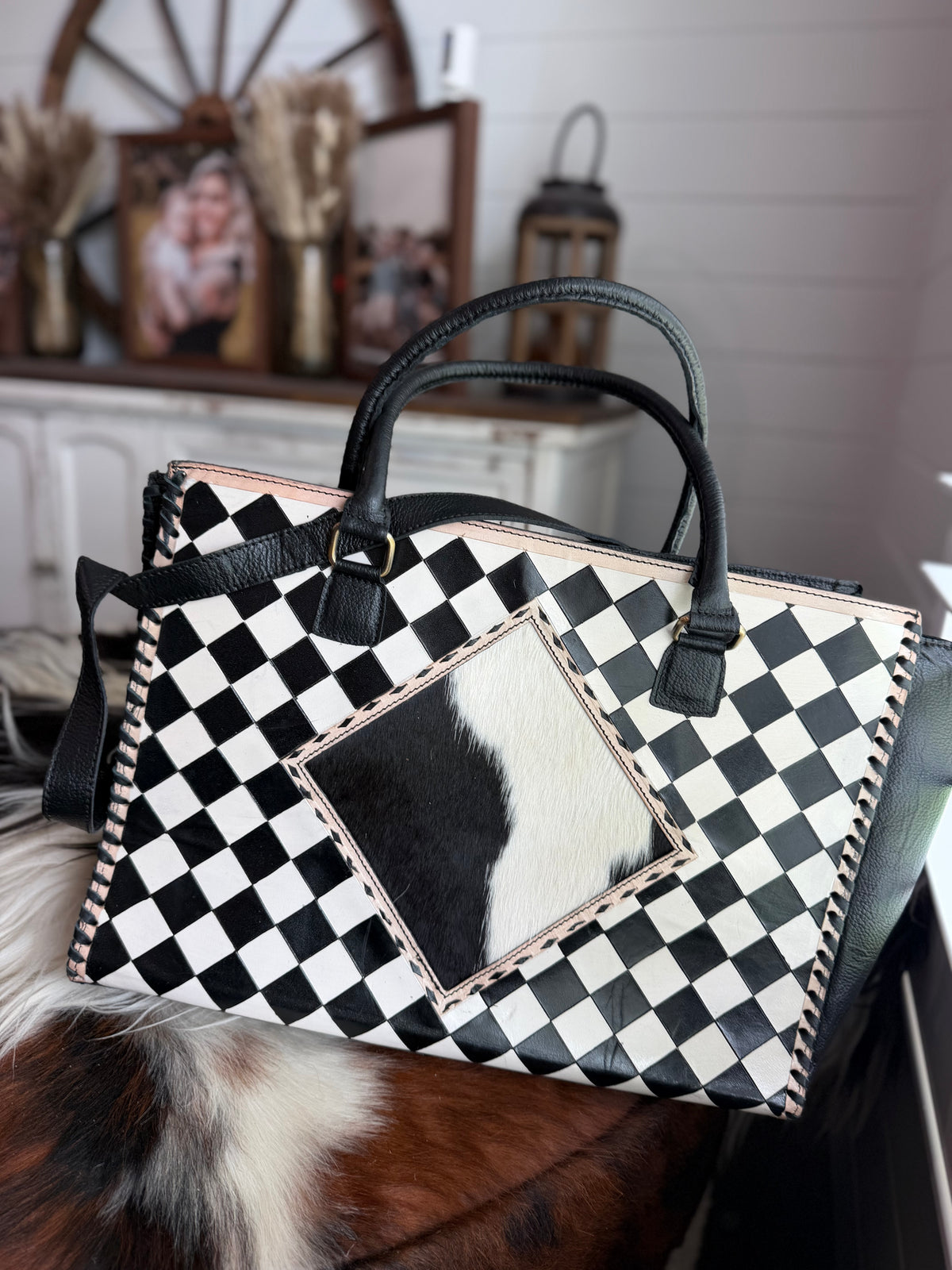 Cowhide and checker Tooled leather tote bag with fringe-