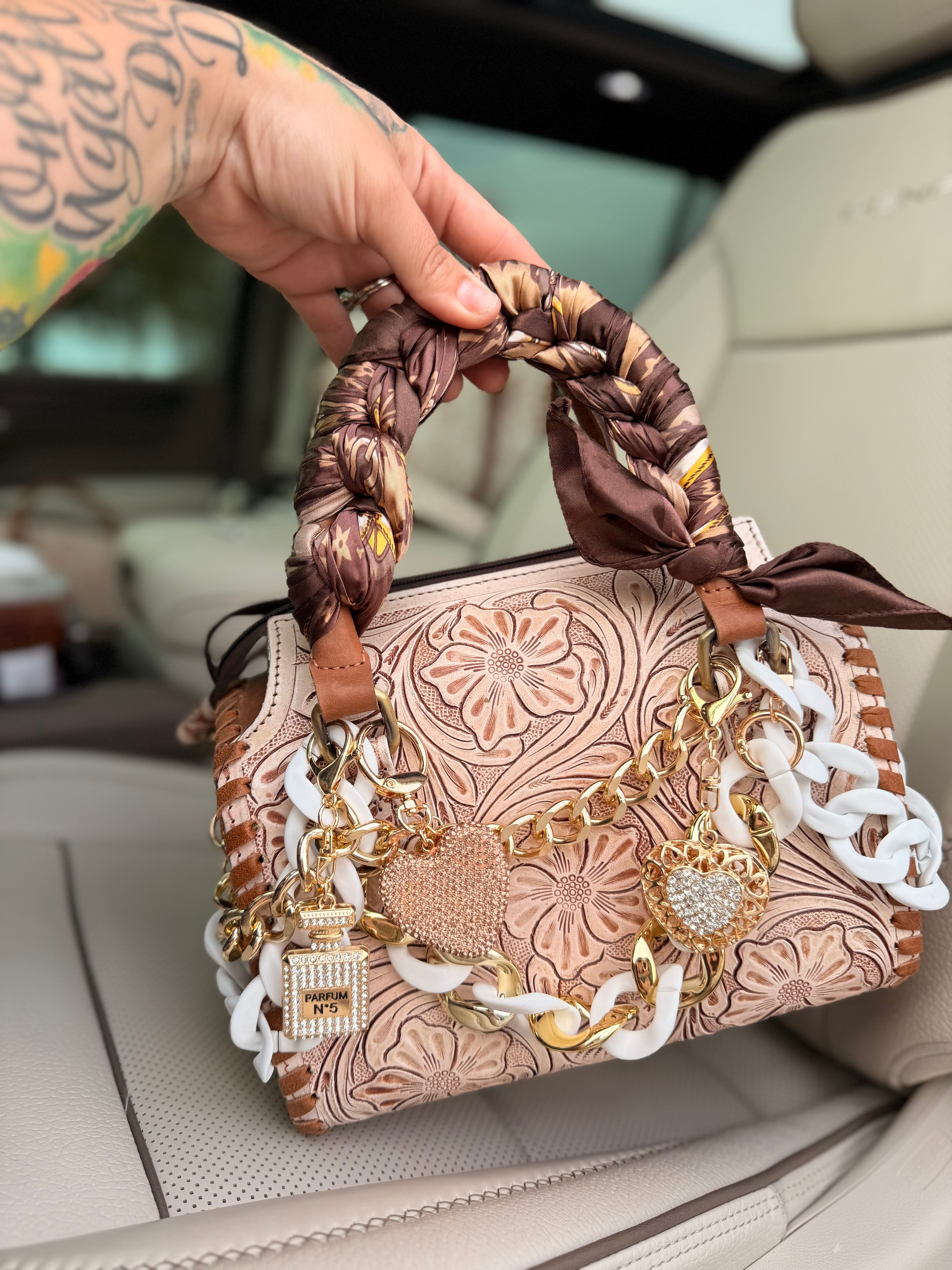 “ The Golden Cowgirl”- white/cream tooled leather speedy (M)