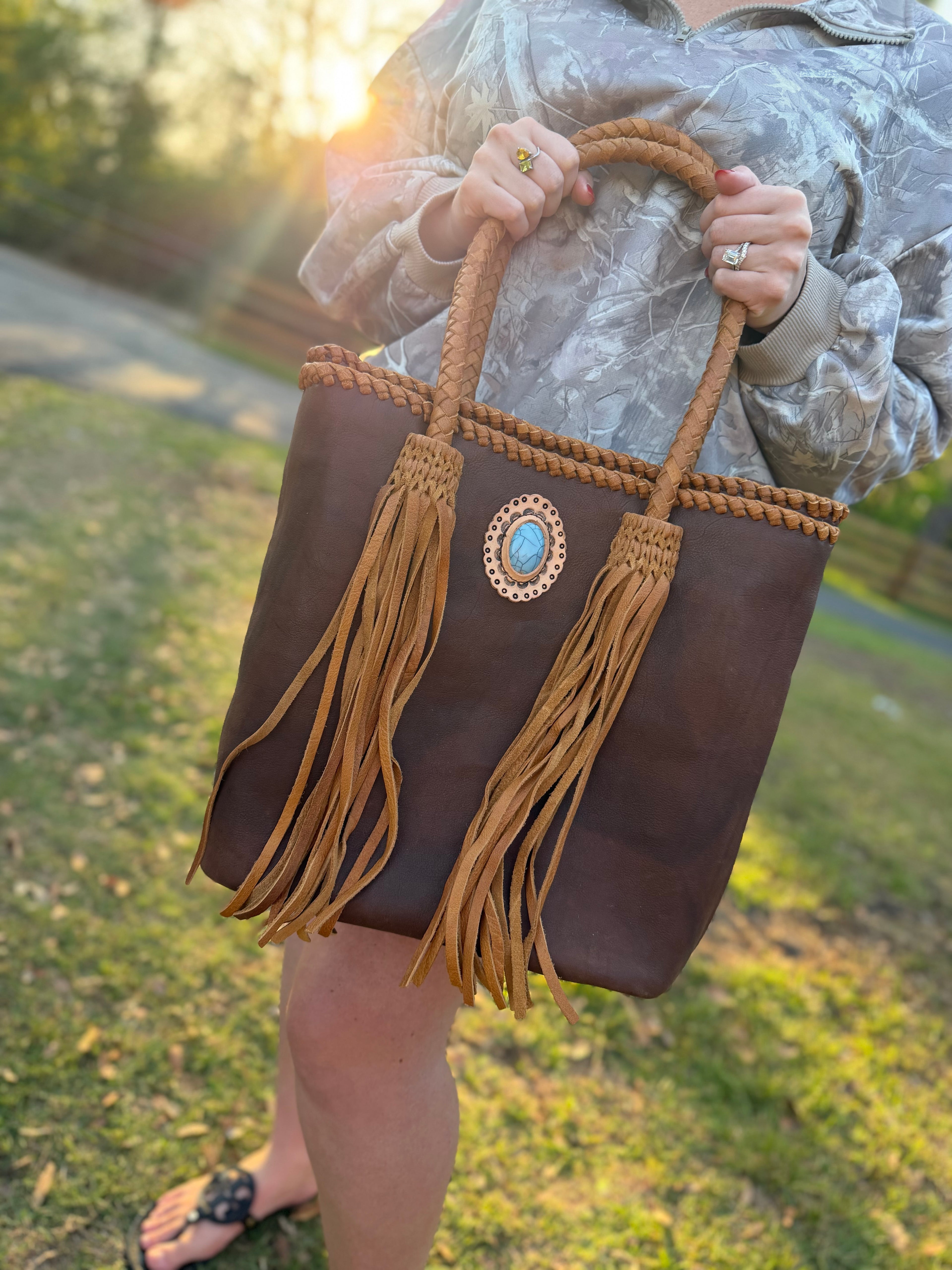 Brown Leather purse with fringe
