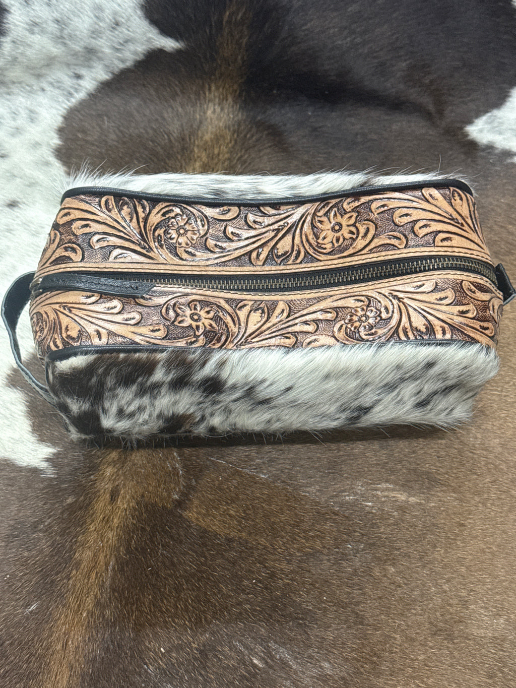 Cowhide and Tooled leather Makeup bag