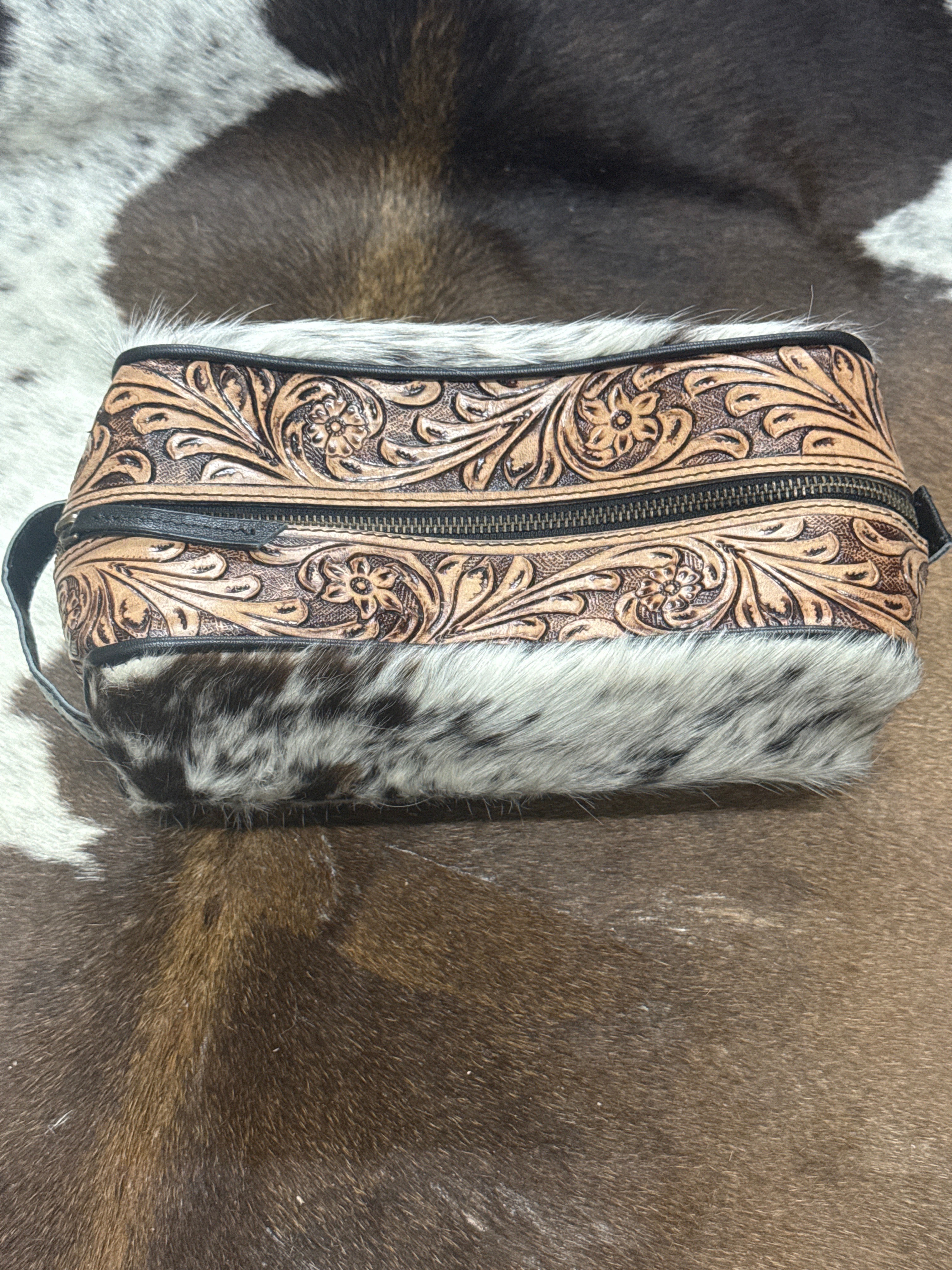 Cowhide and Tooled leather Makeup bag