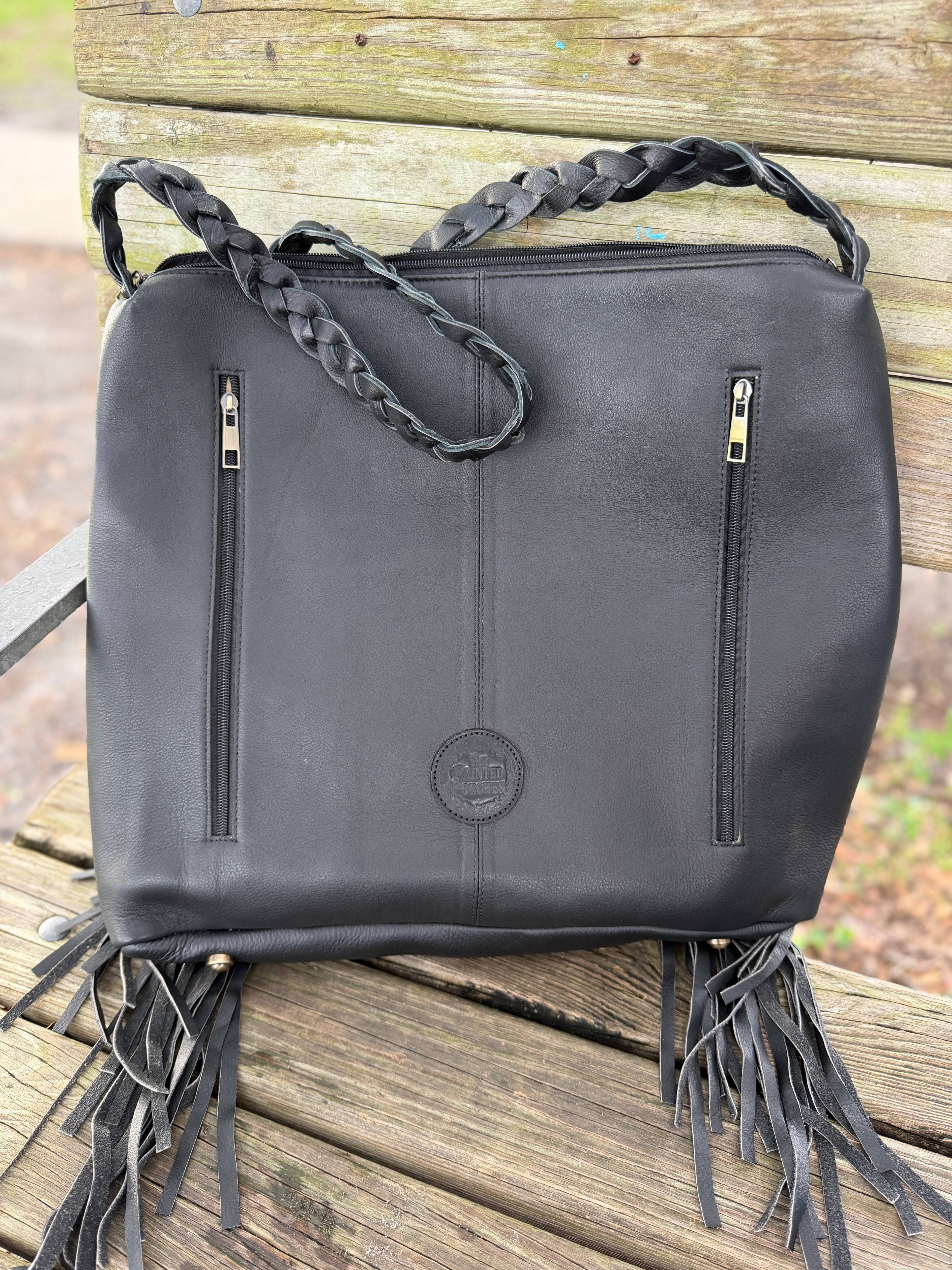Checker tooled leather hobo bag with fringe