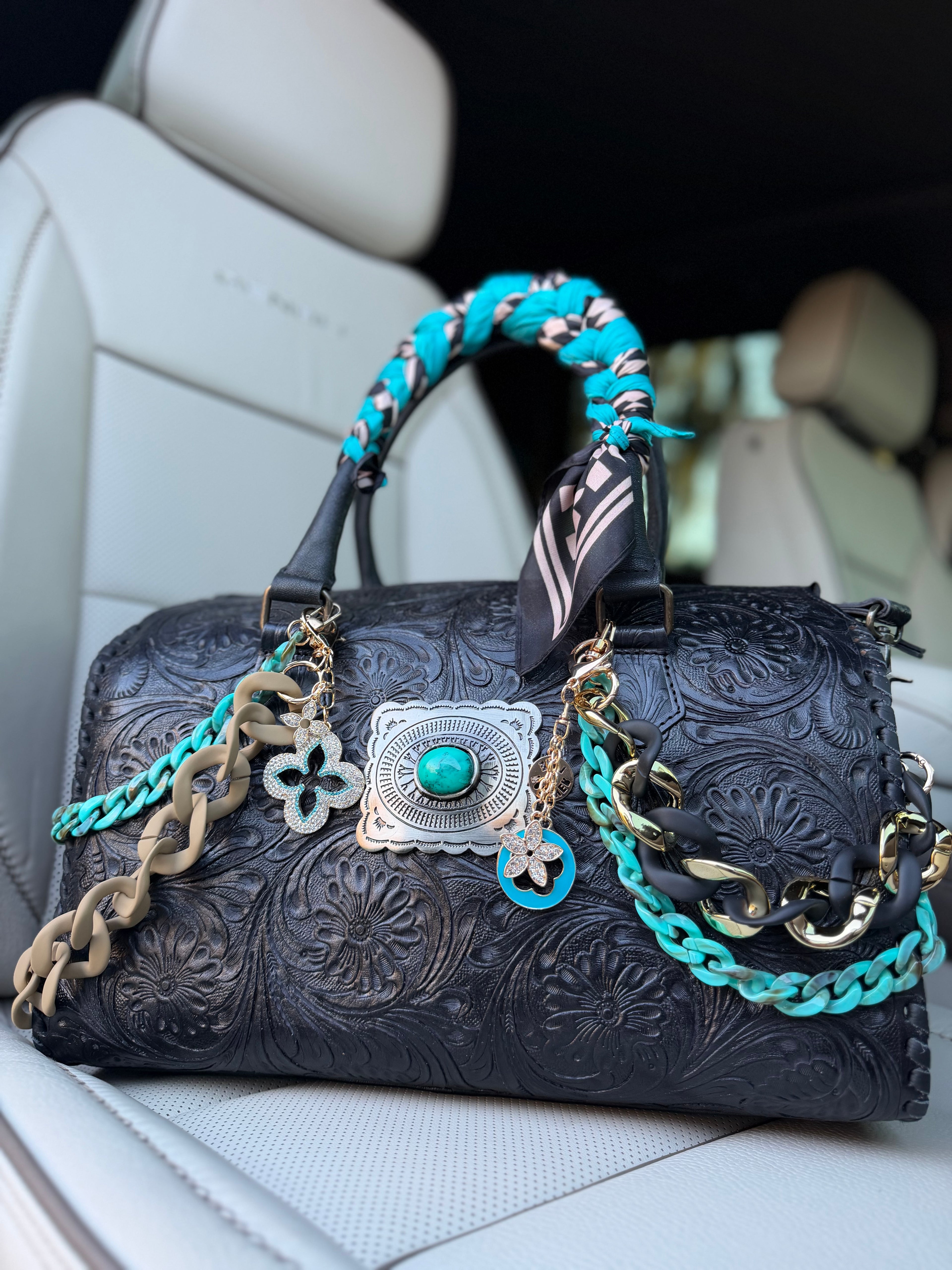 "Dark teal lux" - black tooled leather speedy duffle