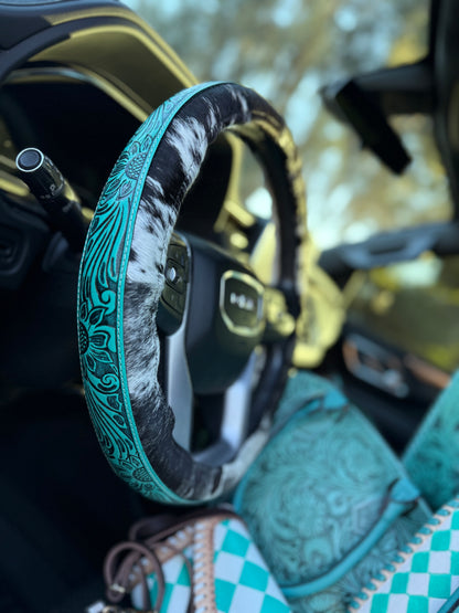 Teal 15.5 “ tooled leather cowhide steering wheel cover read description before purchase