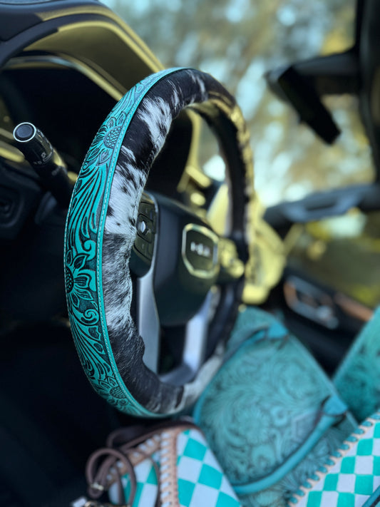 Teal 15.5 “ tooled leather cowhide steering wheel cover read description before purchase