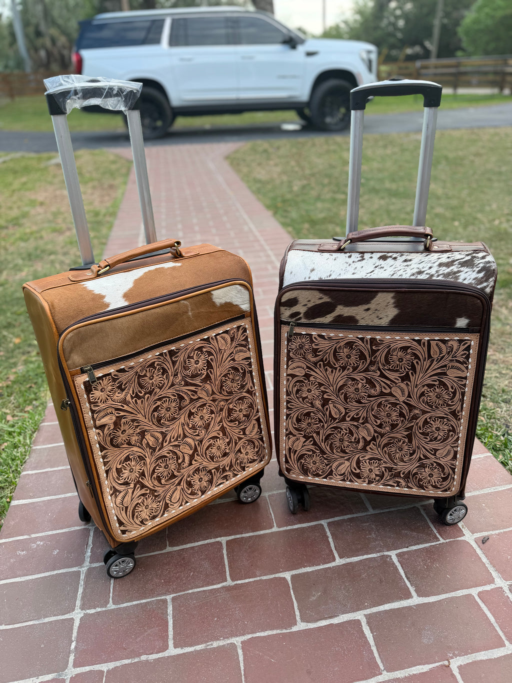Suitcase - tooled leather and cowhide