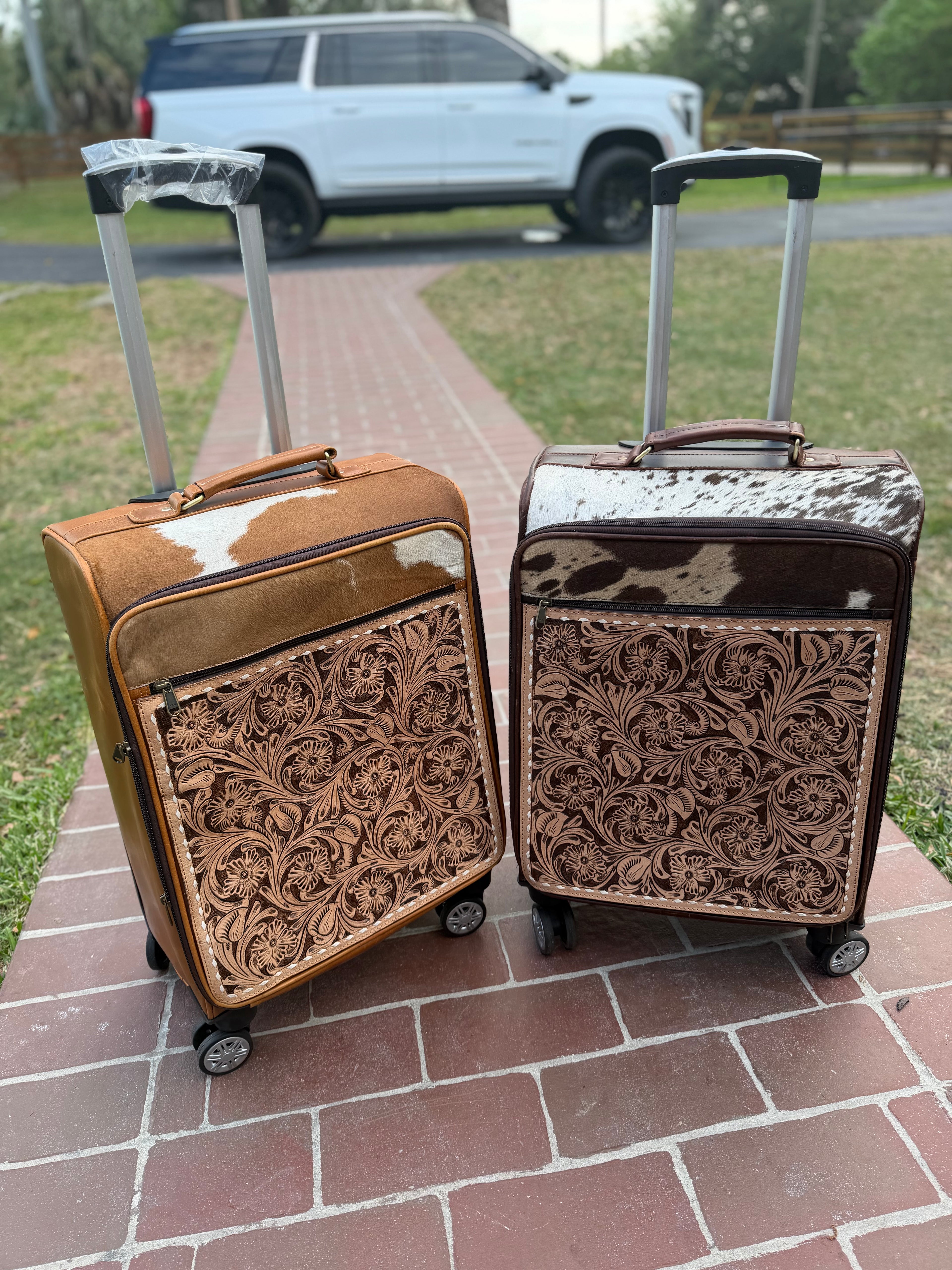 Suitcase - tooled leather and cowhide