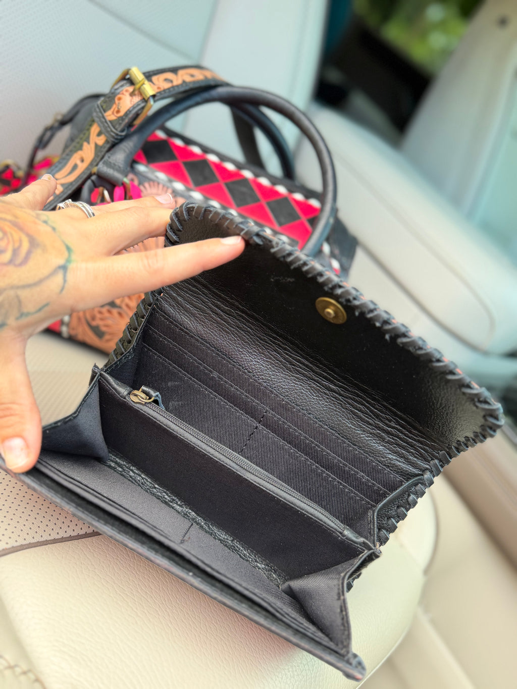 Hot pink/black checker tooled leather speedy (M) and wallet