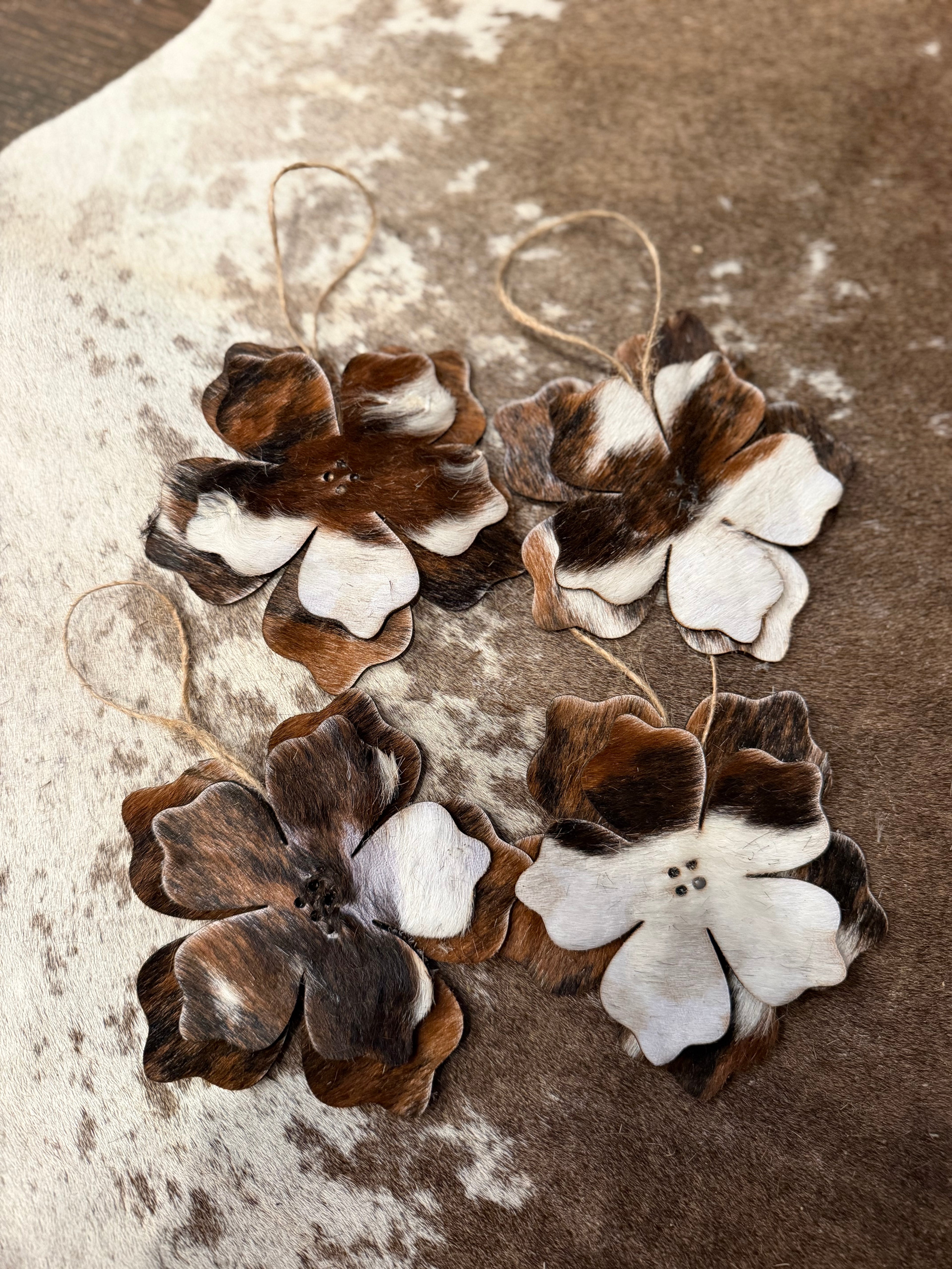 Large cowhide flower ornament set of 4