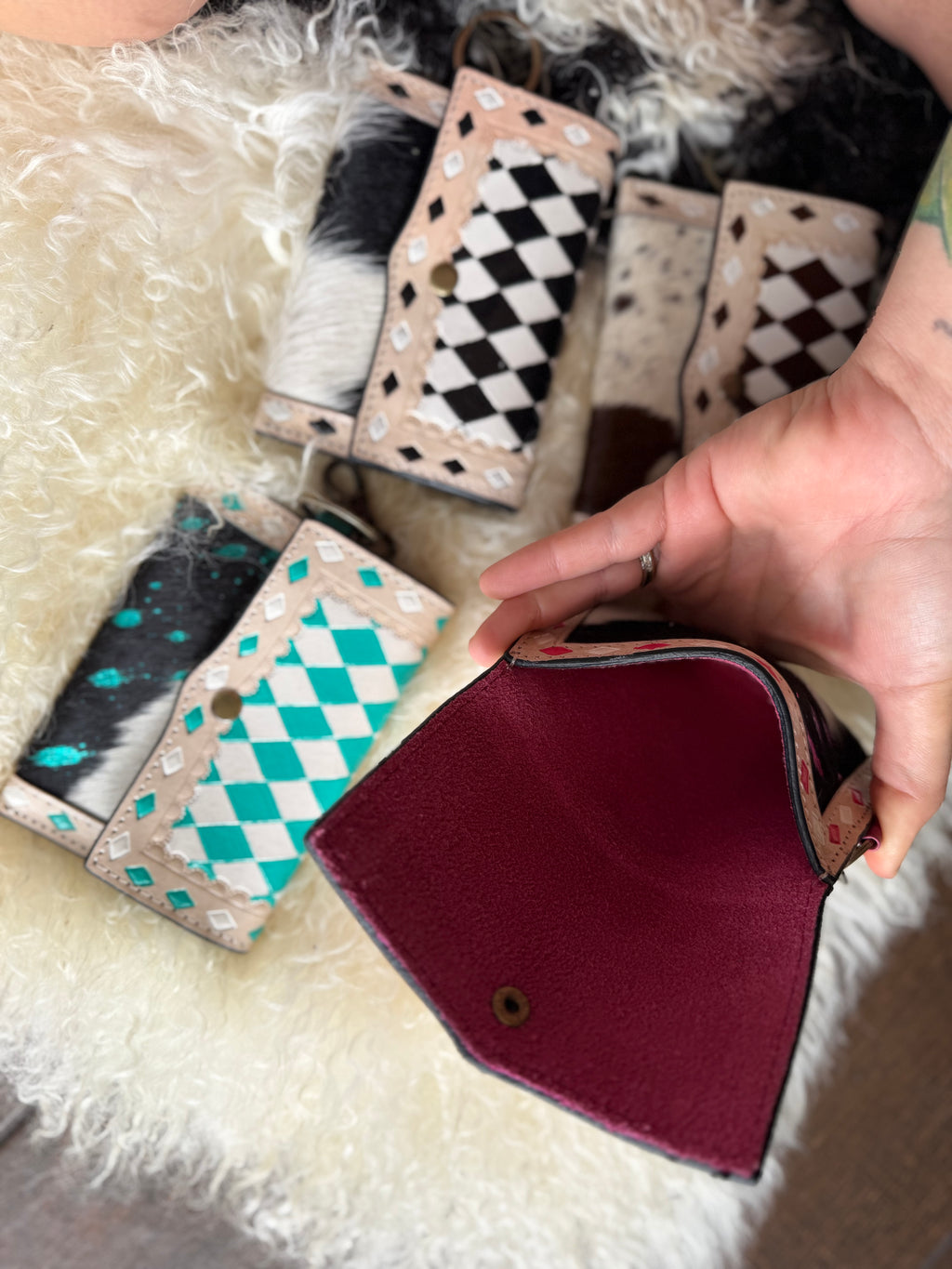 Checker print / cowhide card holder