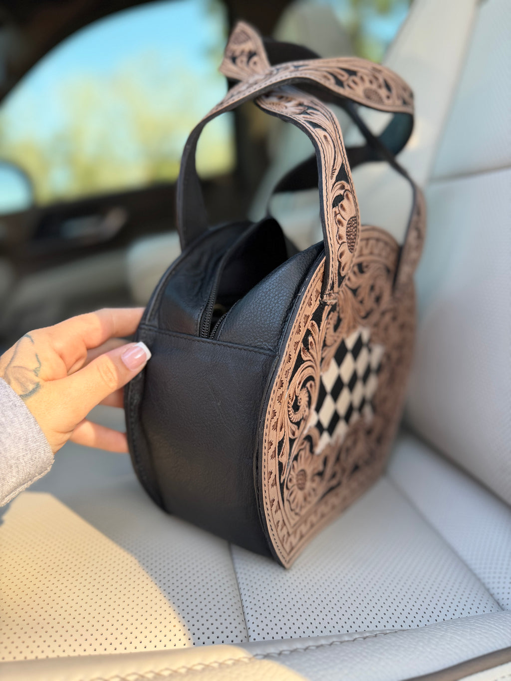 Tooled leather checker purse