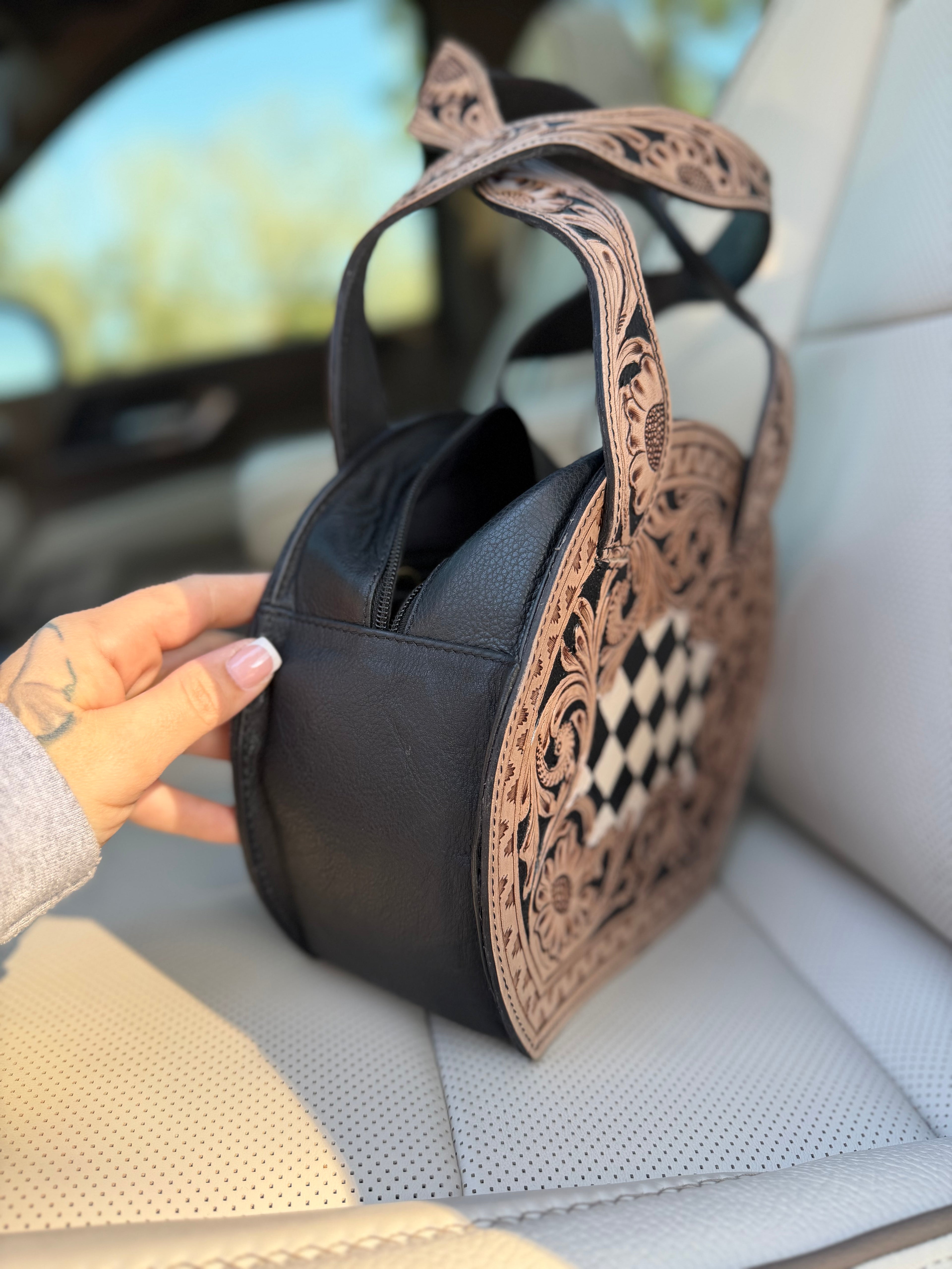Tooled leather checker purse