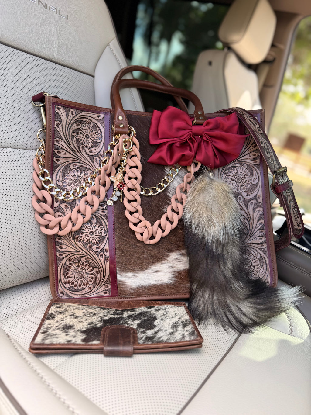 "Burgundy Beauty" Dressed cowhide and brown tooled leather tote bag/ wallet combo
