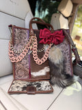 "Burgundy Beauty" Dressed cowhide and brown tooled leather tote bag/ wallet combo