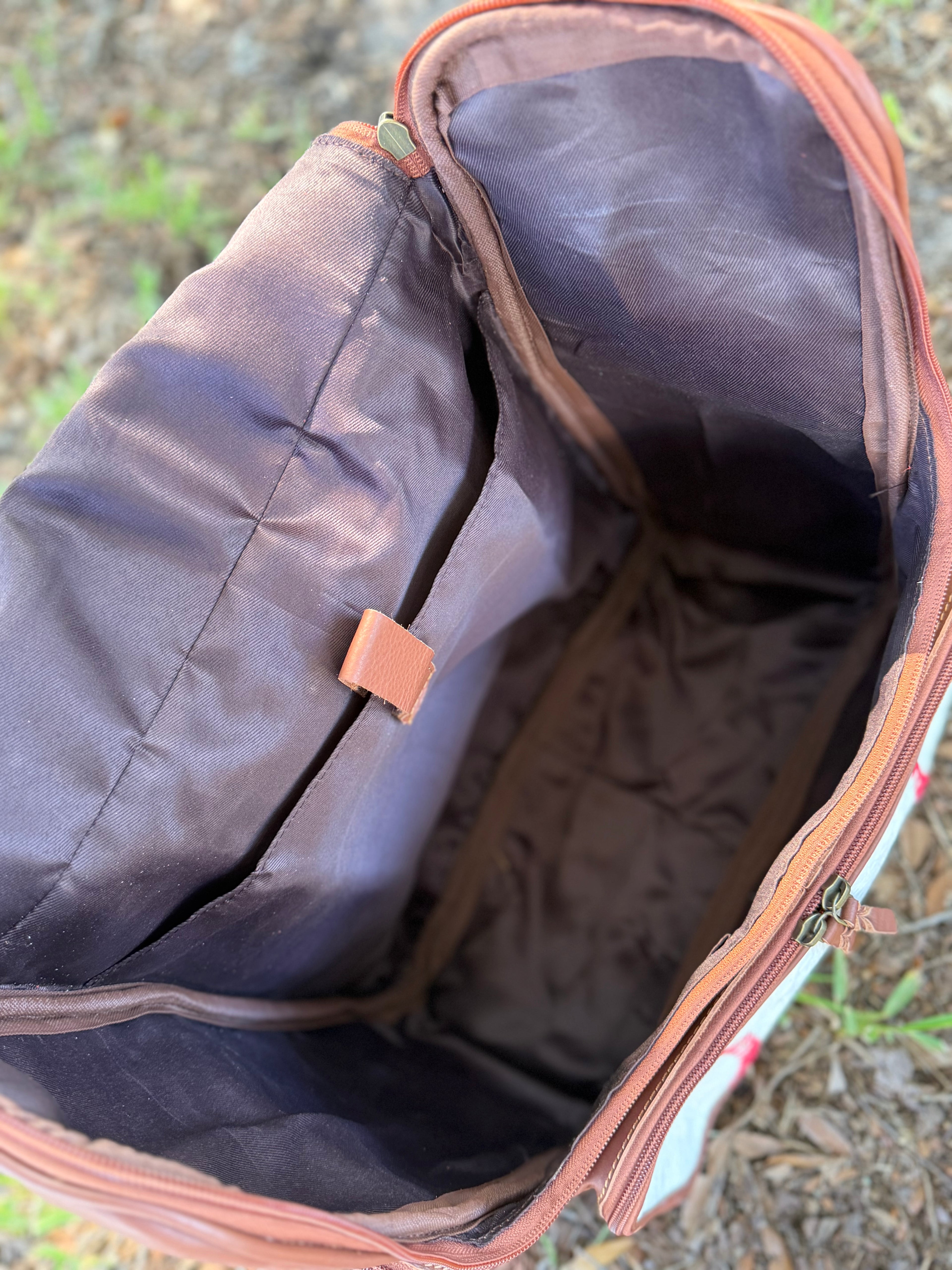 Leather fringe baseball bookbag