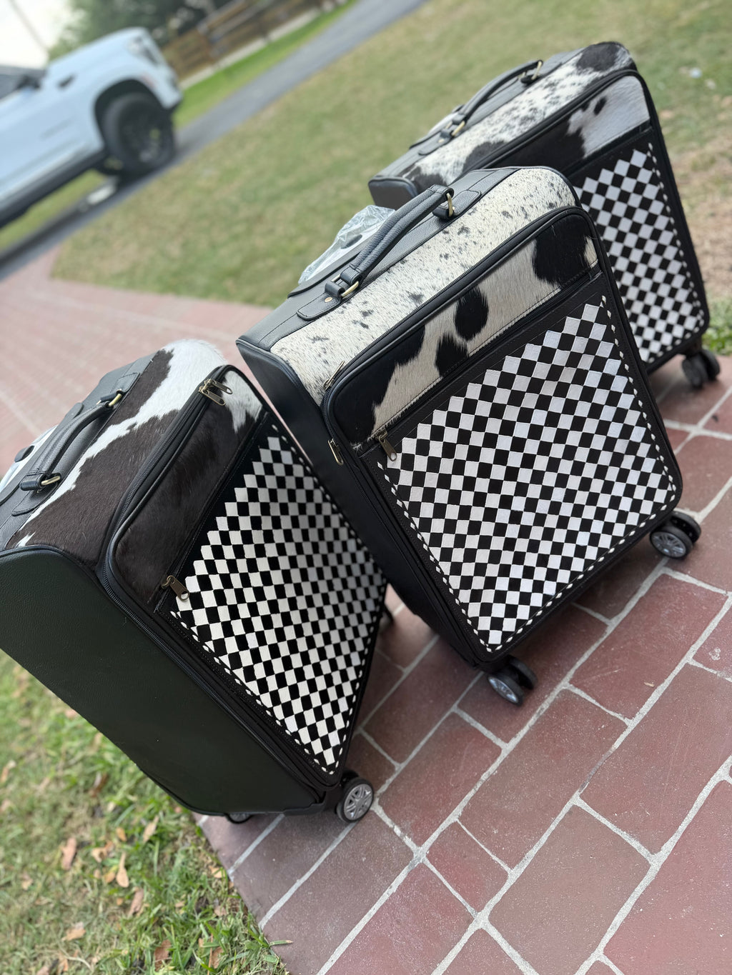 Suitcase - checker tooled leather and cowhide