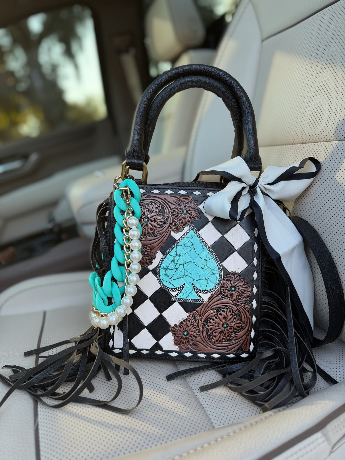 Square Checker purse with fringe