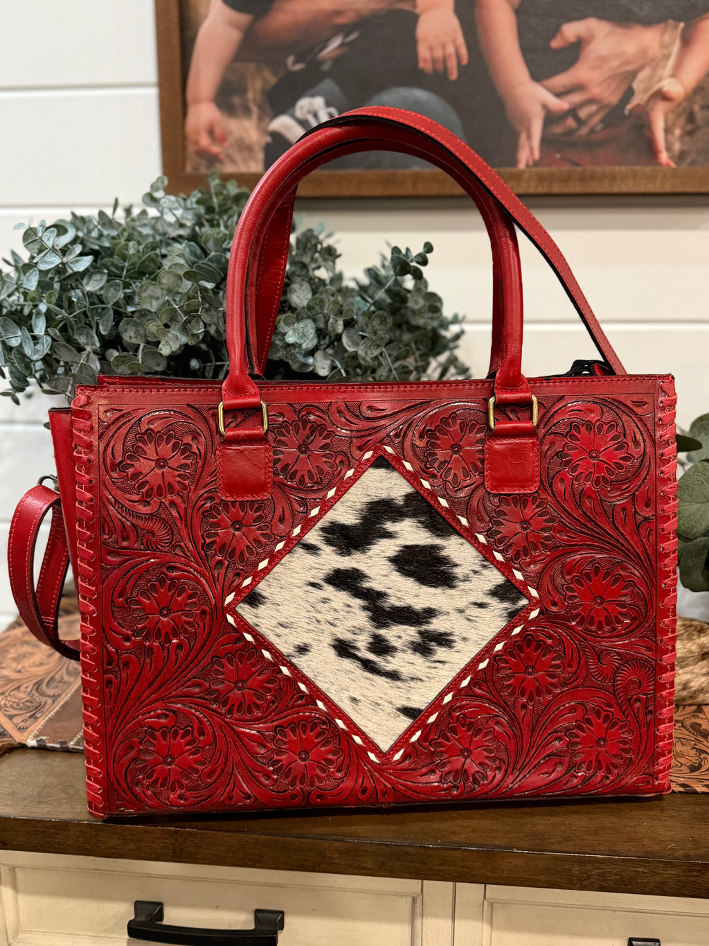 High quality tooled leather tote bag