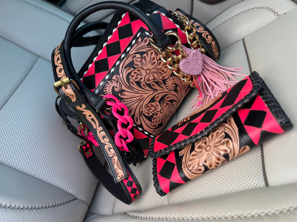 Hot pink/black checker tooled leather speedy (M) and wallet